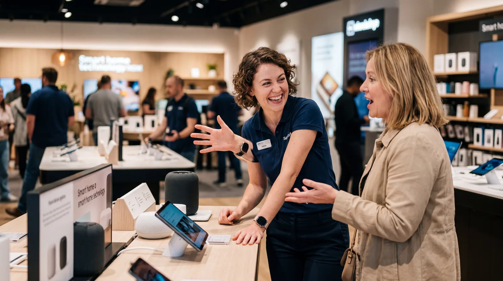 Animated, enthusiastic salesperson gesturing expressively while a customer speaks, high-energy agreement body language