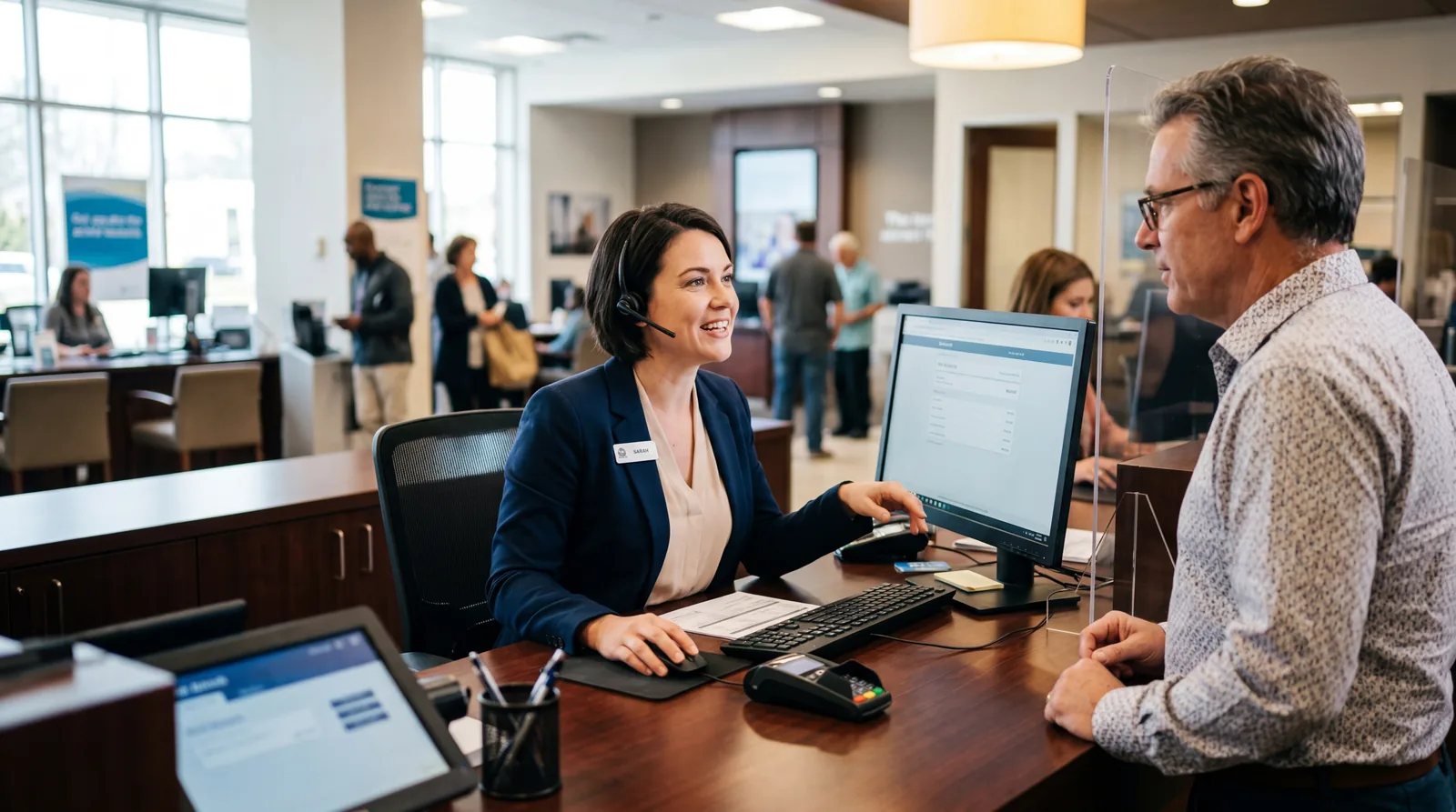 Bank teller or customer service representative looking at a screen while speaking to a customer at a counter, profession
