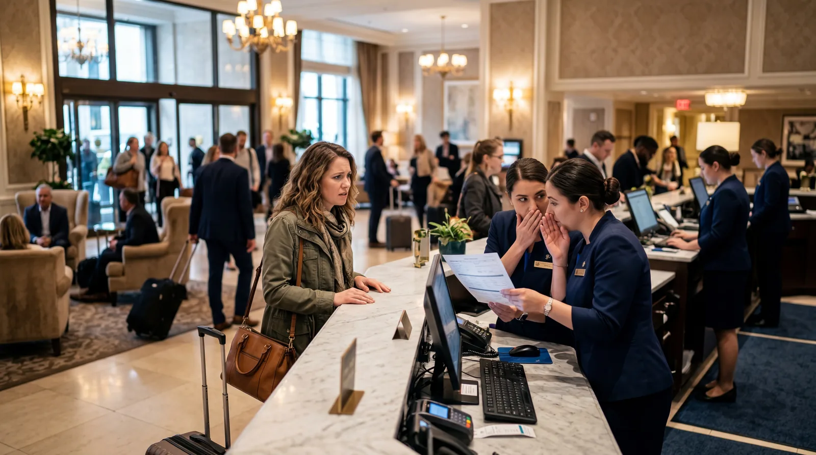 Busy hotel lobby with a guest at check-in looking confused while front desk agents confer quietly