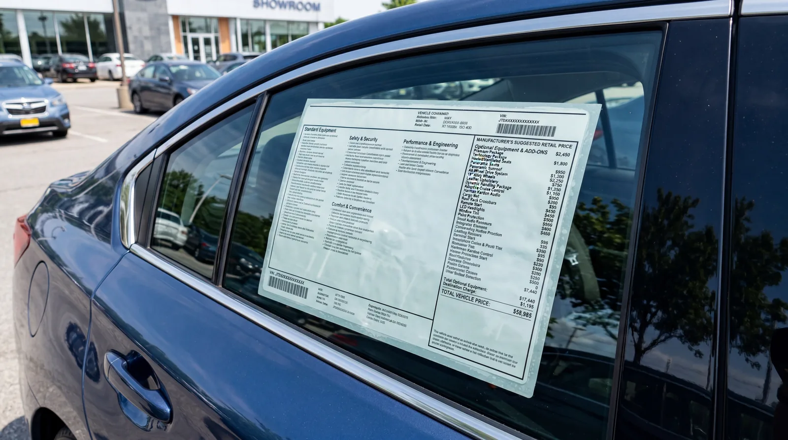 Close-up of a car window sticker showing a long list of add-ons and their prices
