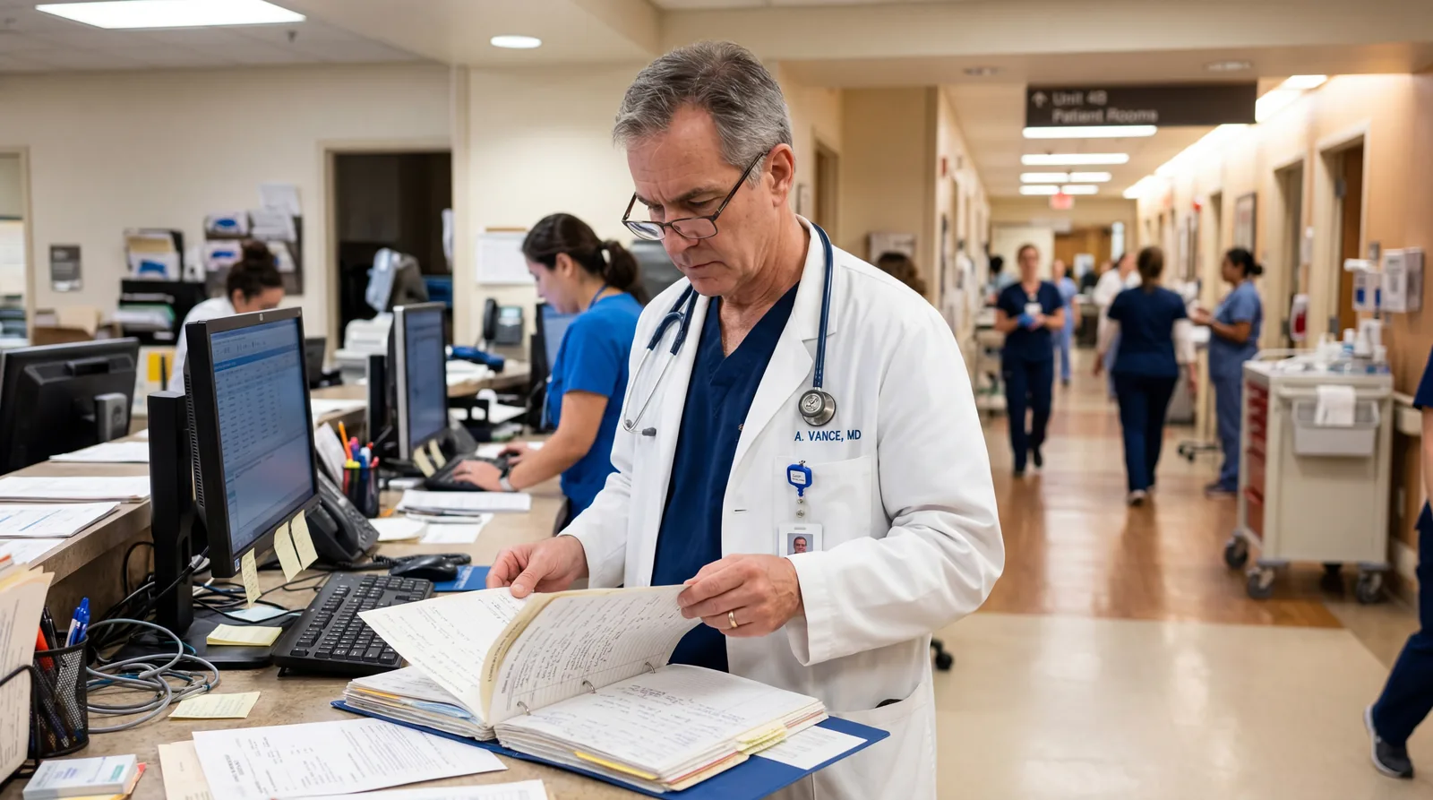 Doctor reviewing a patient chart at a nurses station, serious expression, hospital corridor in background
