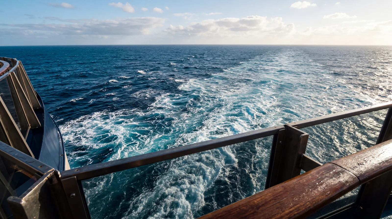 View from a cruise ship railing looking down at the ocean below, afternoon light
