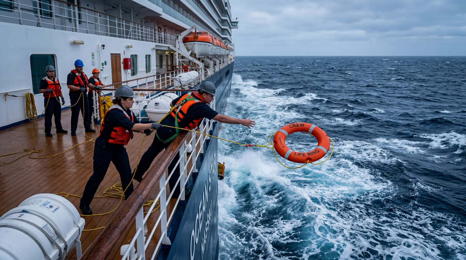 Crew members at the stern of a cruise ship deploying a life ring into the ocean, urgent scene