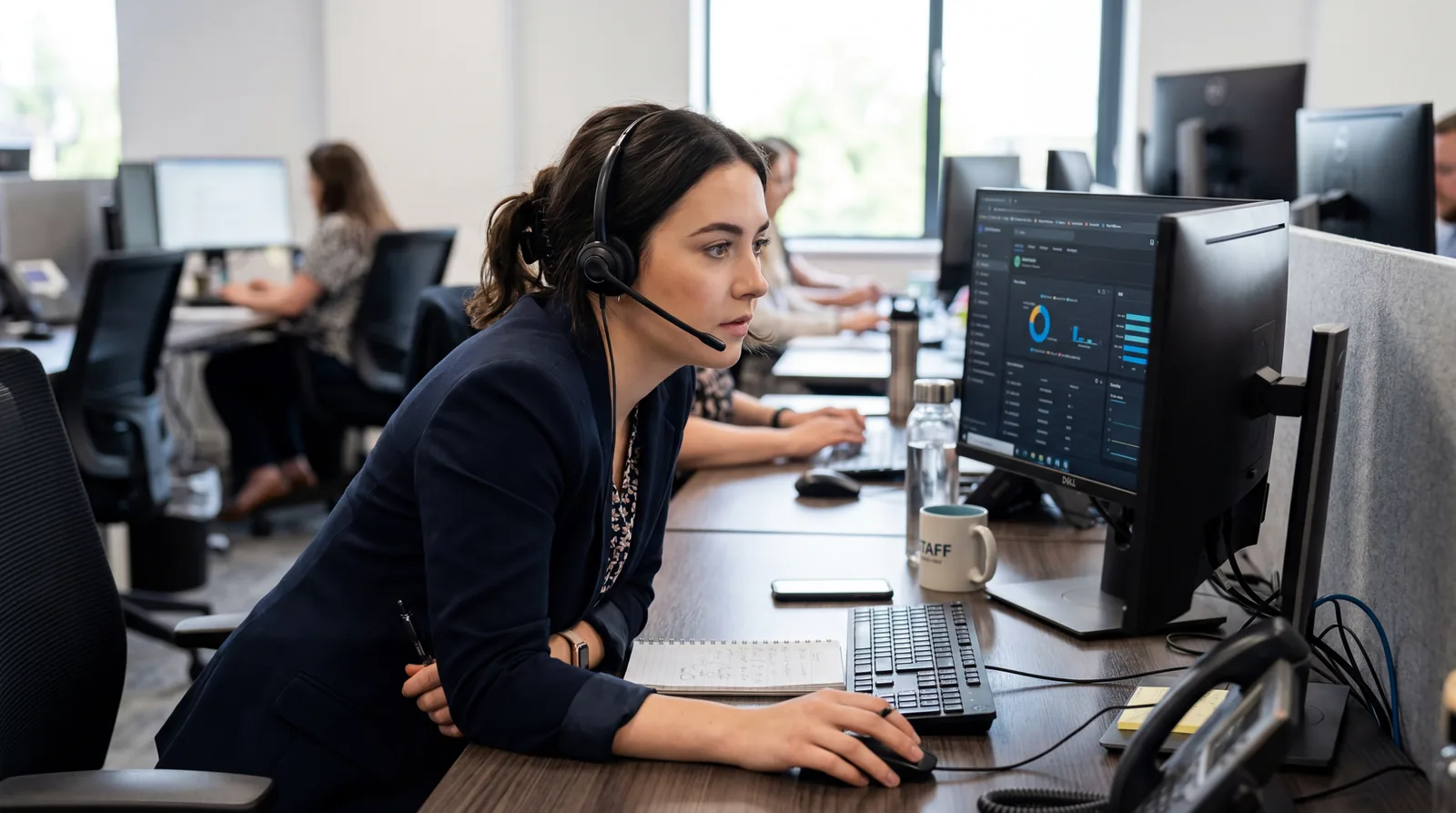 Customer service representative leaning forward at a desk with a focused expression, computer screen visible in backgrou