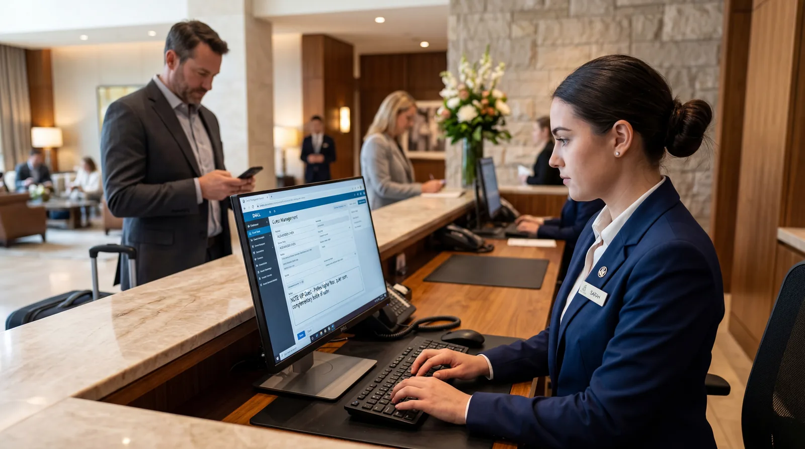 Hotel front desk agent discreetly adding a note to a guest file on a computer, professional setting