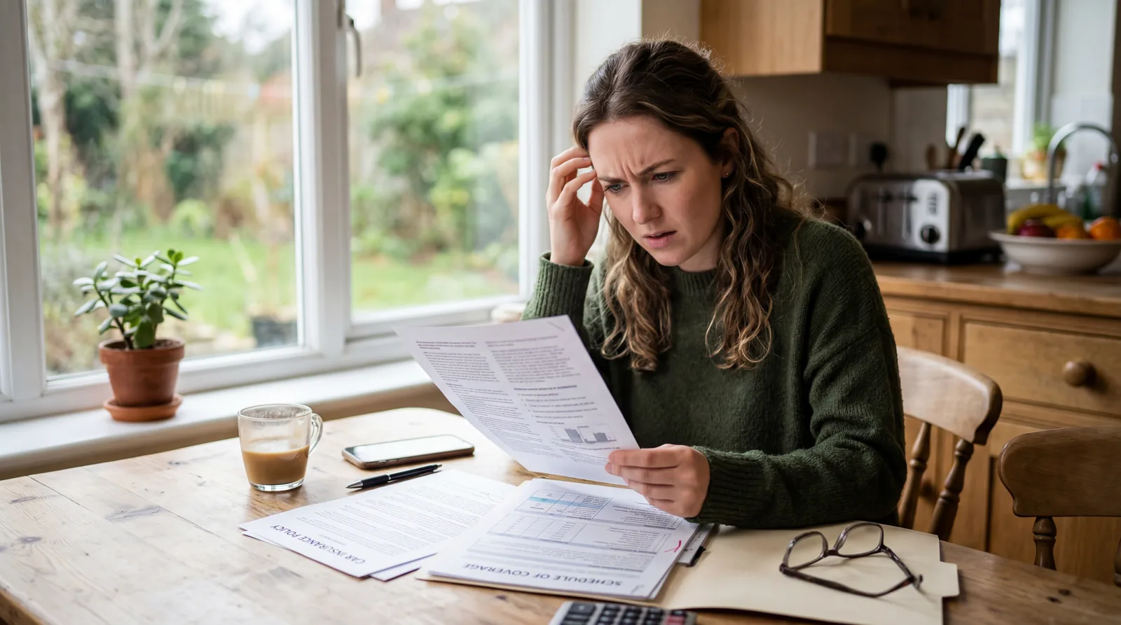 Person reviewing car insurance documents at a kitchen table, looking confused, natural light
