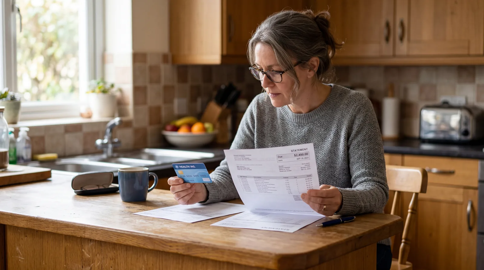 Person reviewing their health insurance card and a medical bill side by side on a kitchen counter
