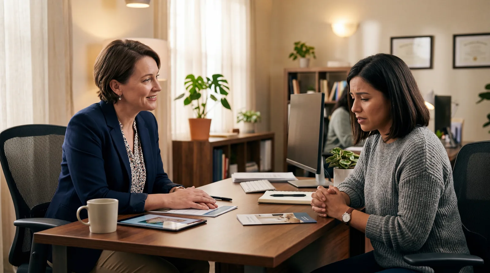 Salesperson sitting with calm, reassuring body language across from a hesitant customer at a desk, warm office lighting,