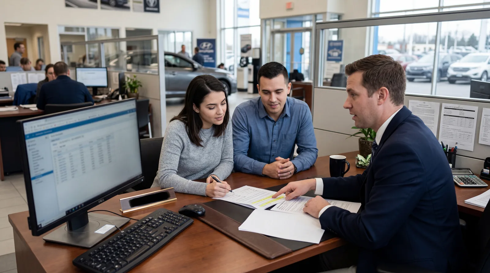 Finance manager presenting paperwork to a couple, pointing to a section of the document, dealership finance office setti
