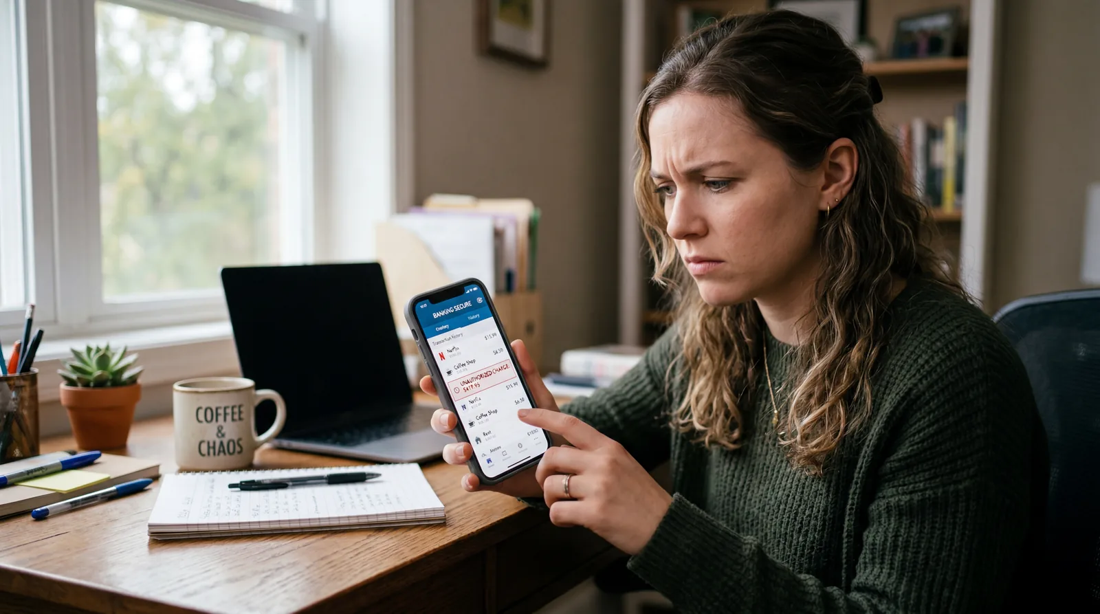 Person looking at a charge on their bank statement on a phone screen, sitting at a desk, concerned expression, natural l
