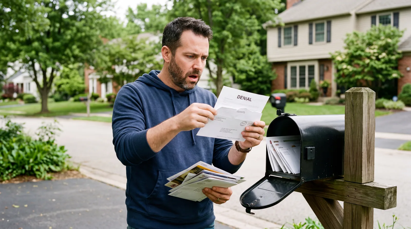 Person opening an insurance denial letter at their mailbox, looking alarmed, suburban setting