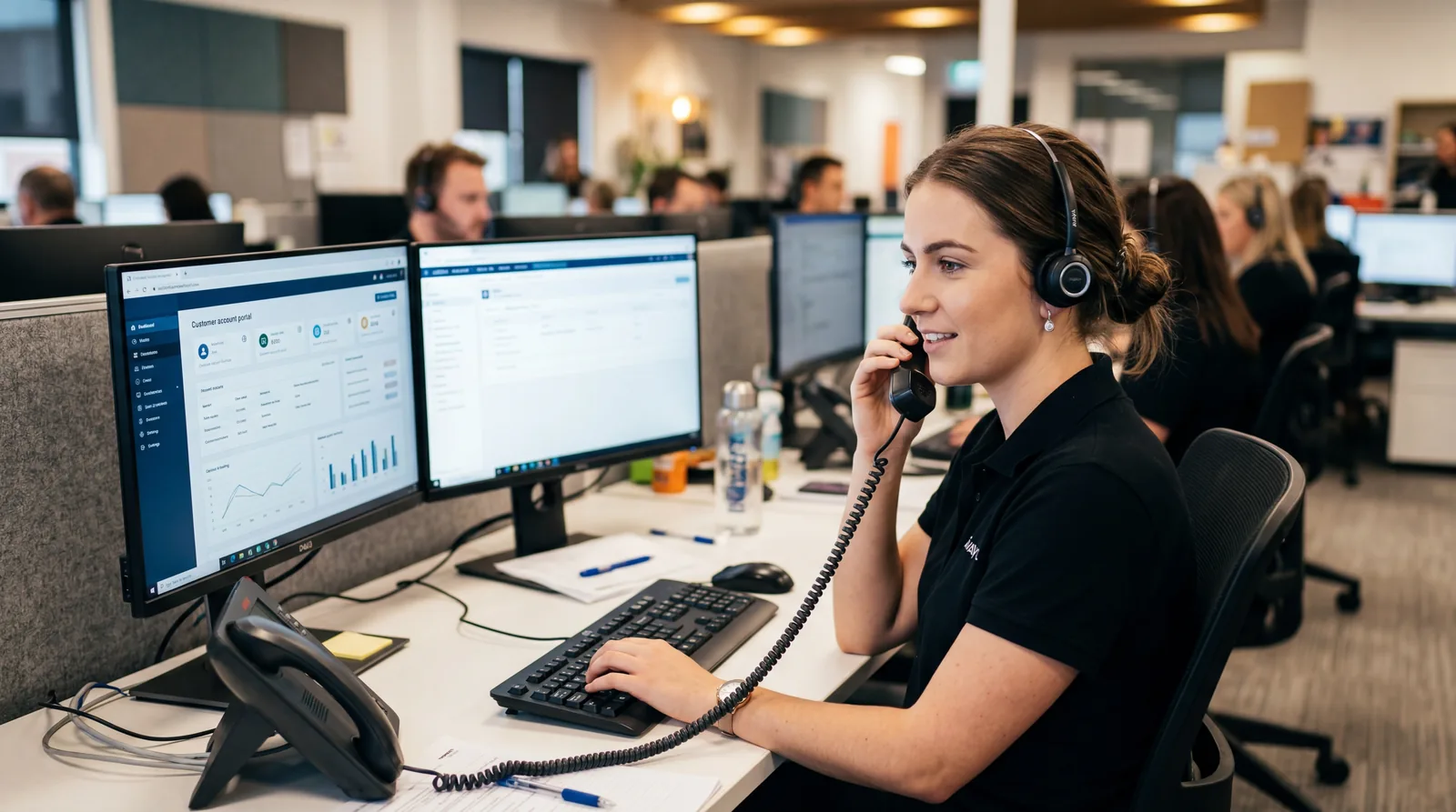 Customer service representative with a practiced expression on a phone call, computer screen showing a customer account,