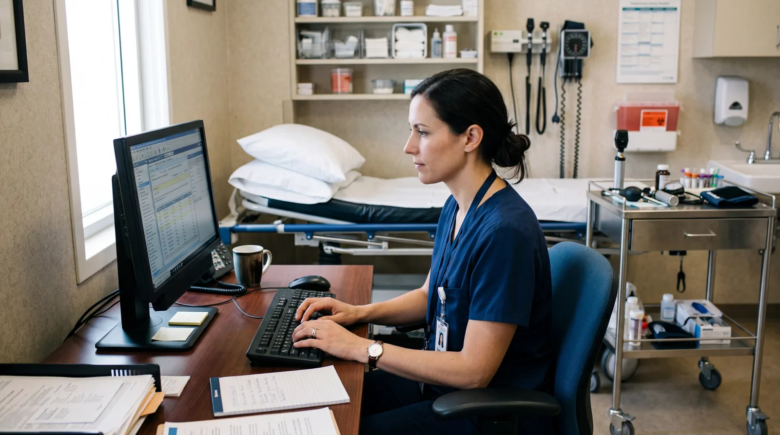 Doctor typing notes at a computer workstation in an exam room, medical equipment visible