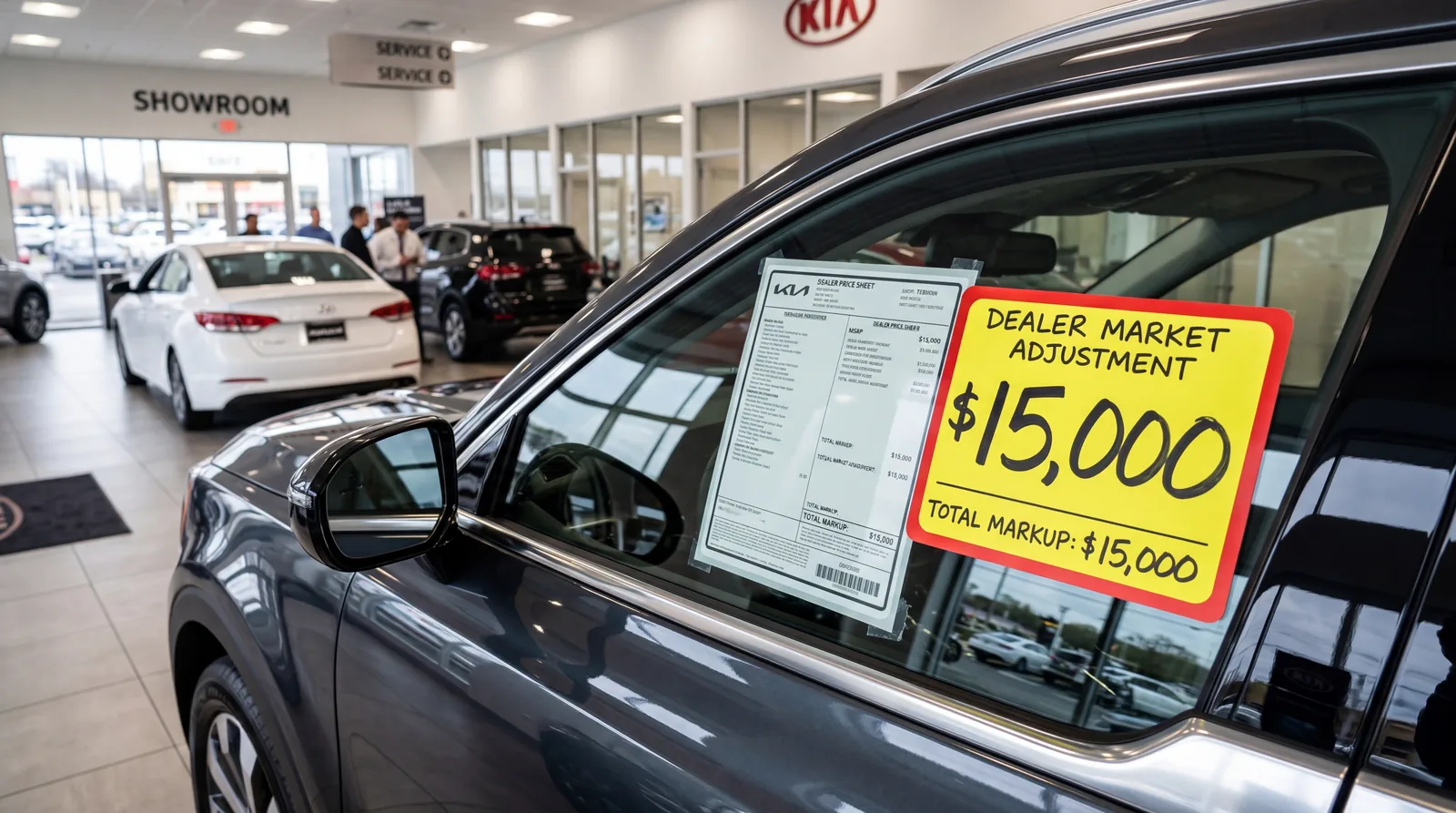 Price tag on a new car showing a large added markup sticker, showroom background