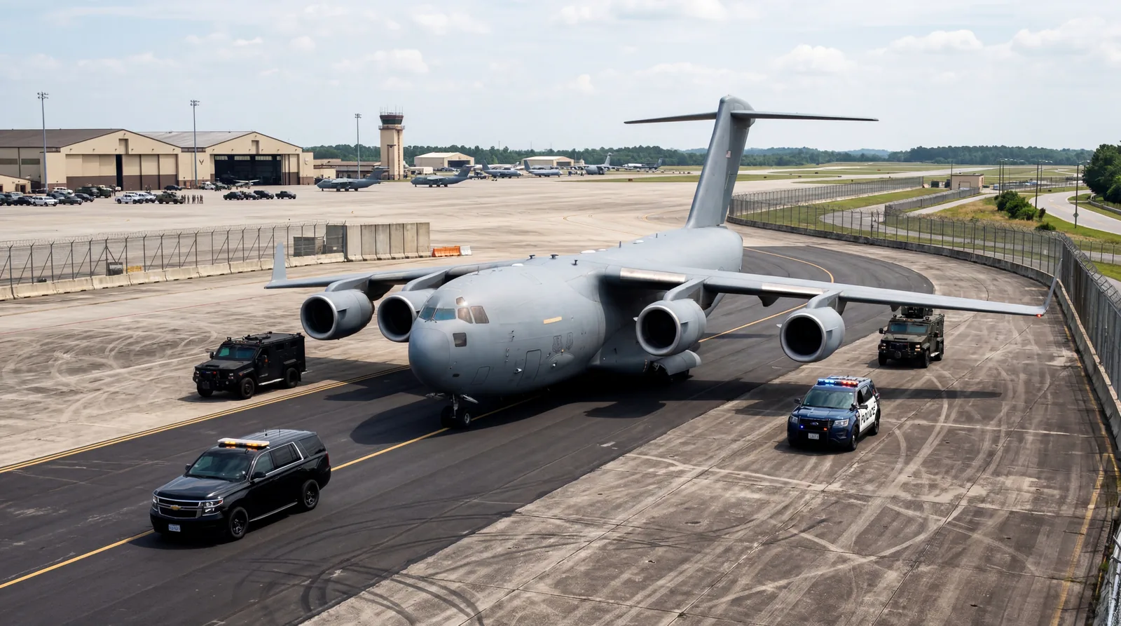 Unmarked official aircraft being escorted by ground vehicles on a separate tarmac area