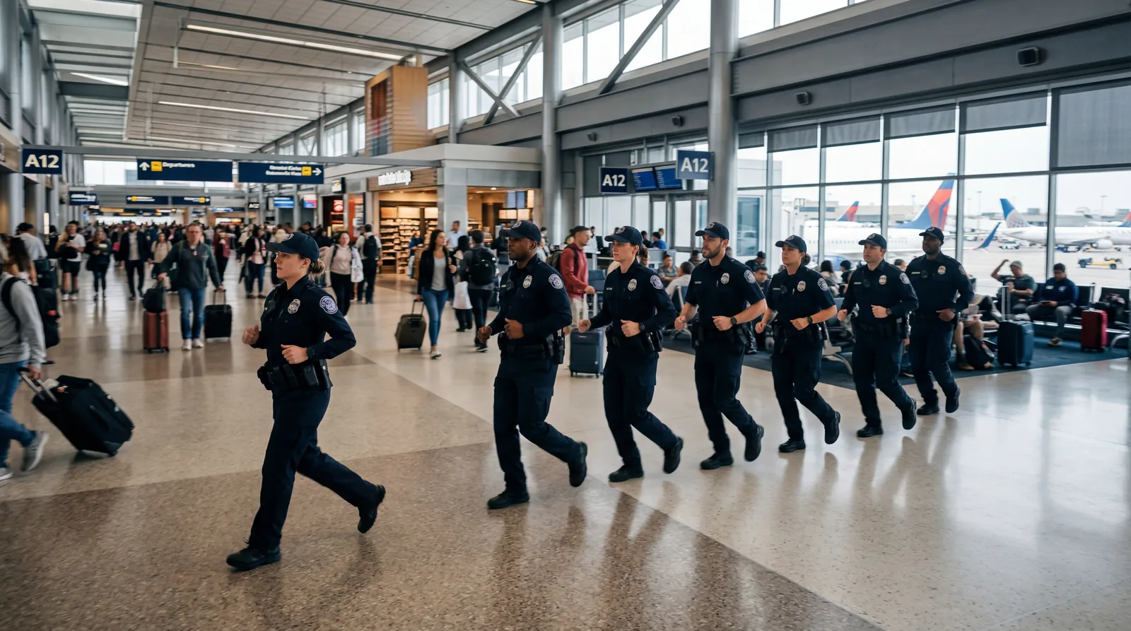 Airport security personnel moving quickly in formation through a terminal concourse