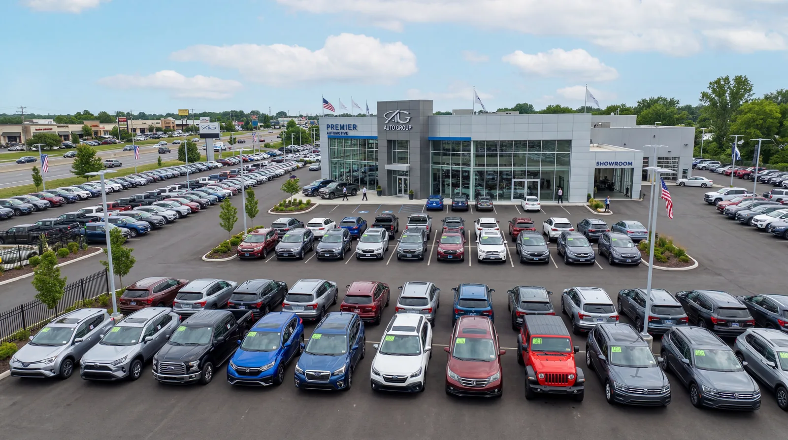 Car dealership exterior with new vehicles on the lot, wide shot, daylight