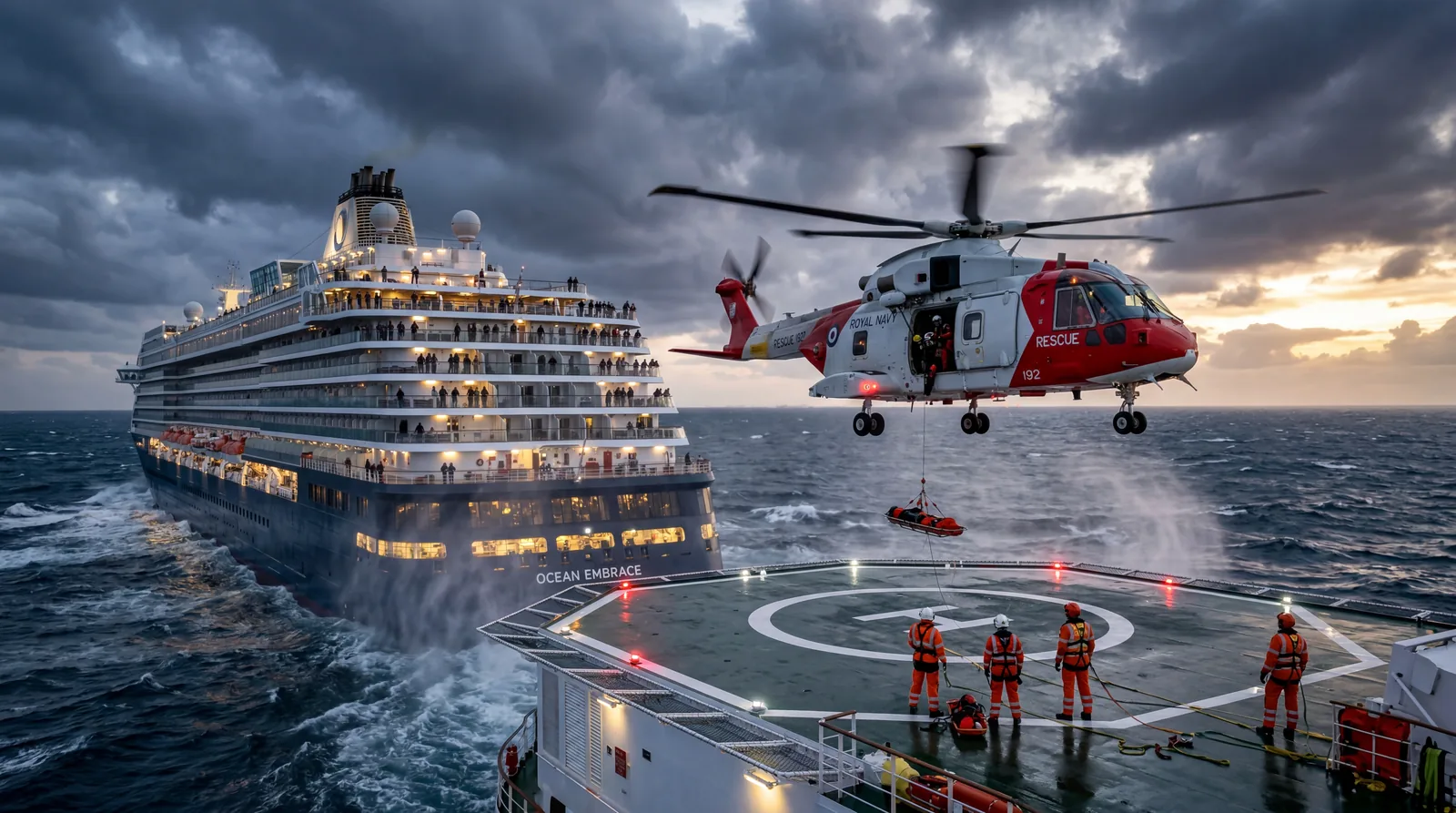Helicopter approaching a cruise ship at sea for a medical evacuation, dramatic sky