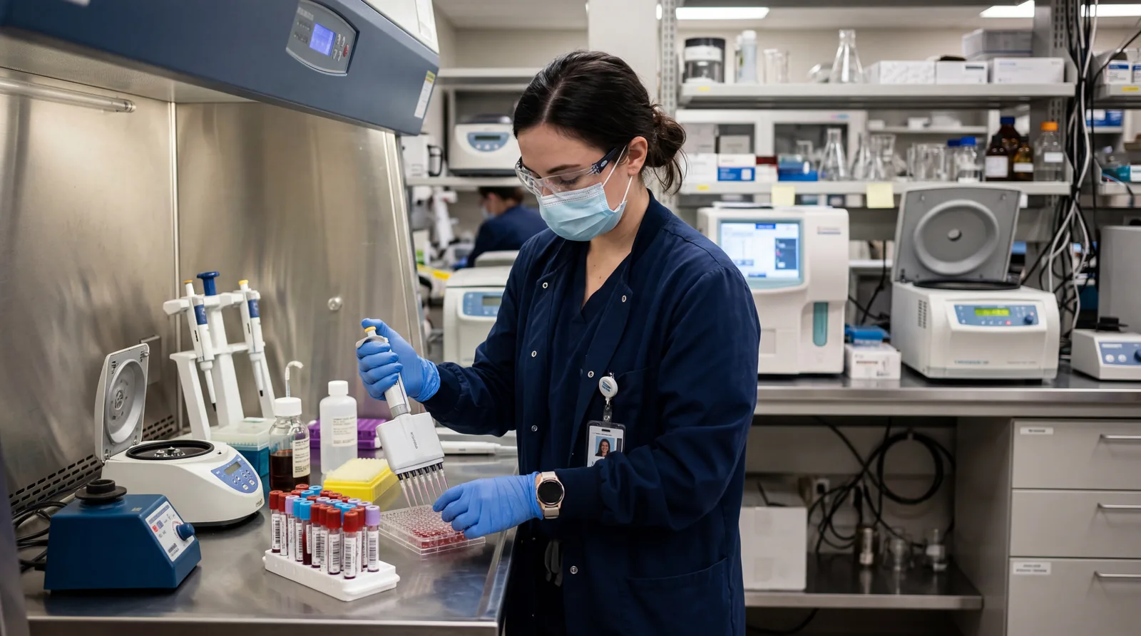 Laboratory technician processing samples in a medical lab, clinical environment