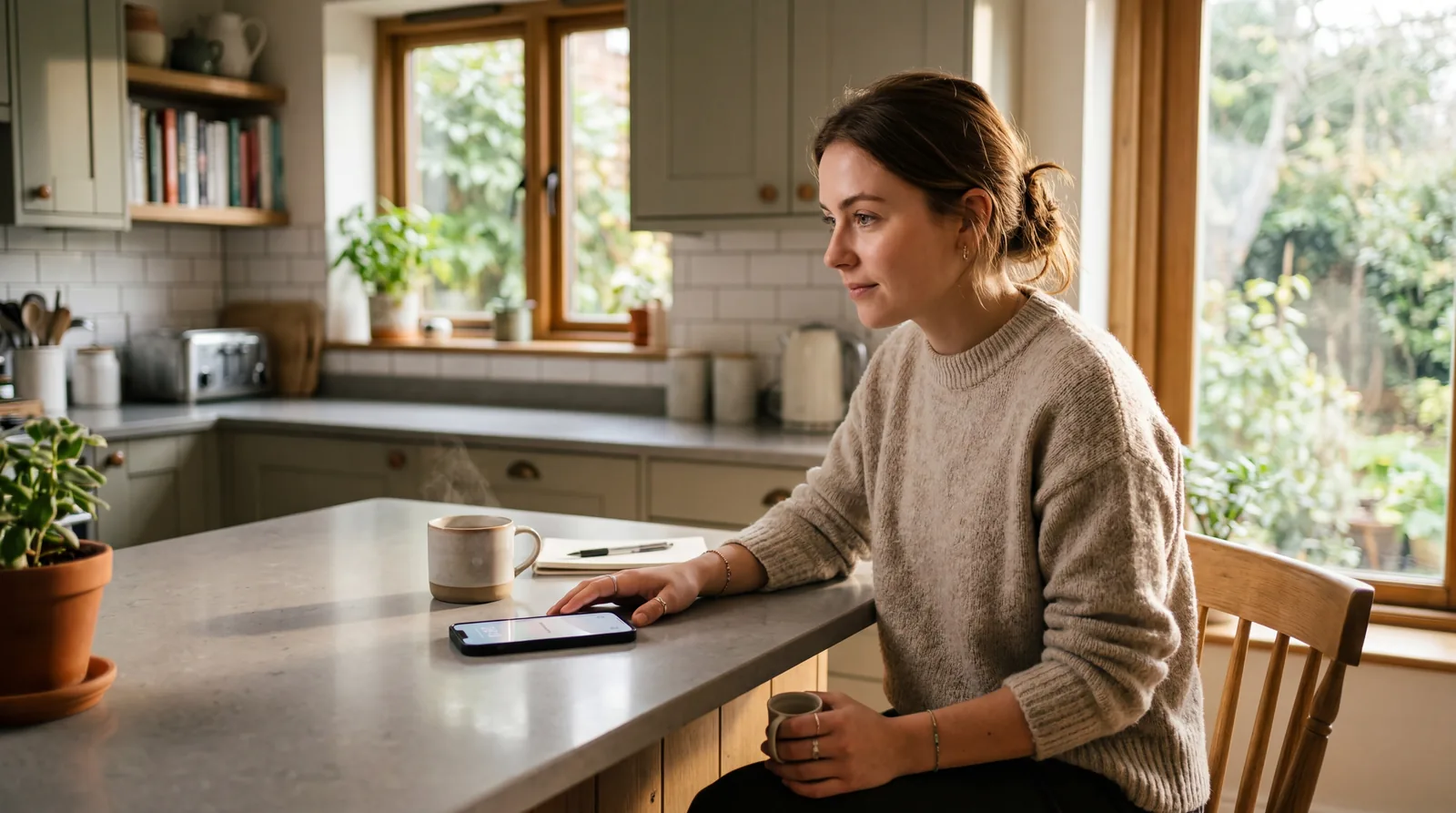 Person waiting by a phone on a kitchen counter, looking at it hopefully, warm natural light