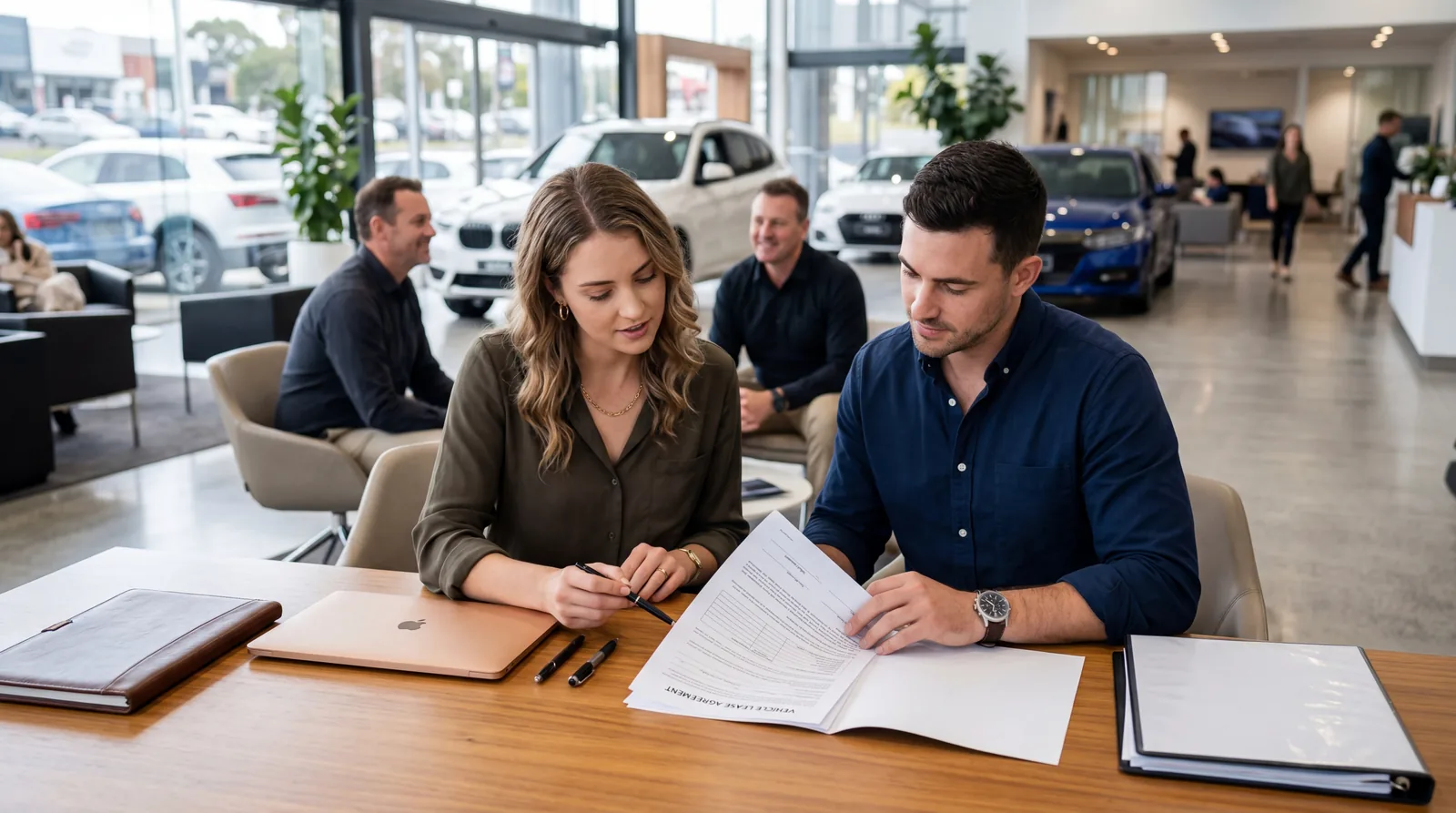 Couple reviewing a lease agreement at a dealership, both looking at the paperwork, modern showroom in background