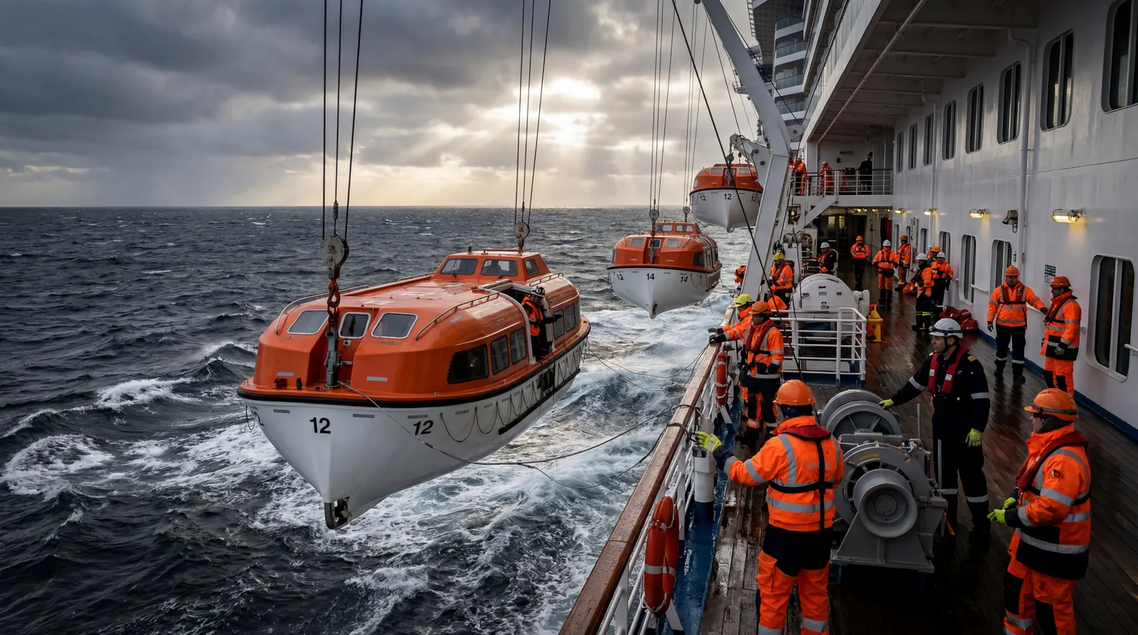 Cruise ship lifeboats being lowered at sea during an emergency drill, dramatic lighting, crew in safety gear