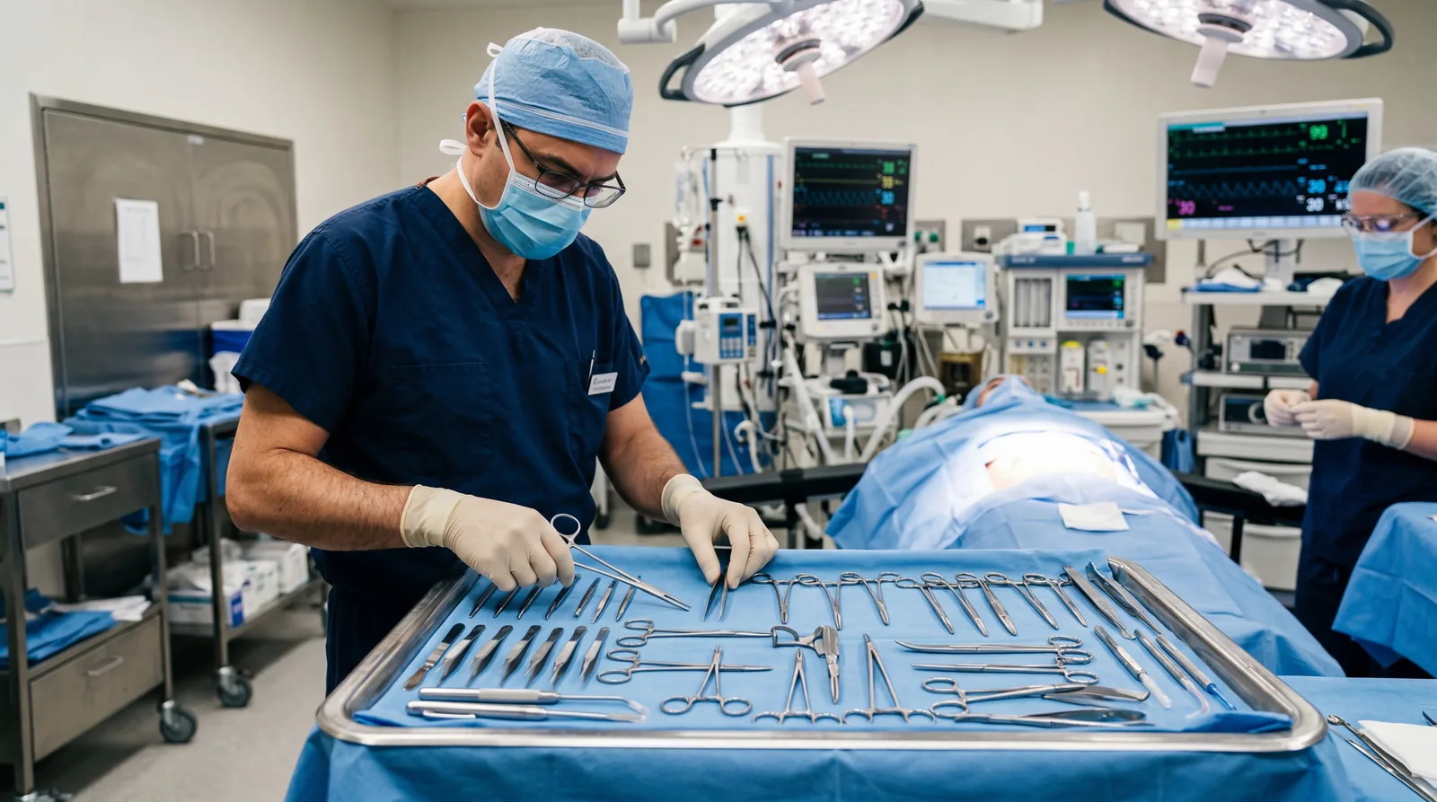 Surgeon reviewing surgical equipment laid out on a tray in an operating room