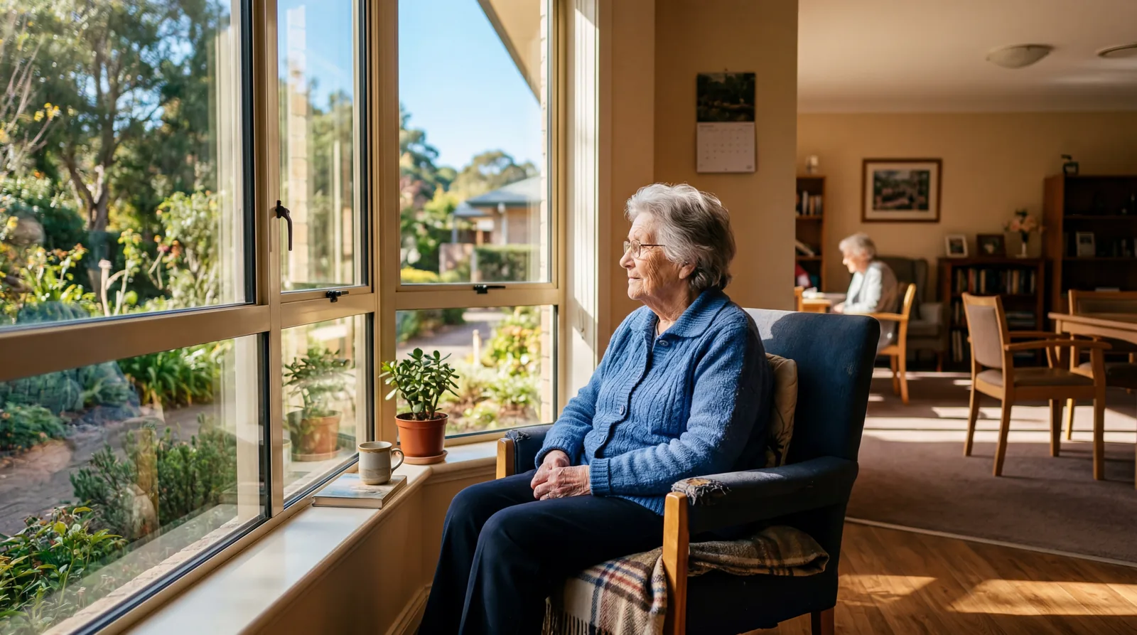 Elderly patient sitting in a rehabilitation facility common room, looking out a window, warm afternoon light