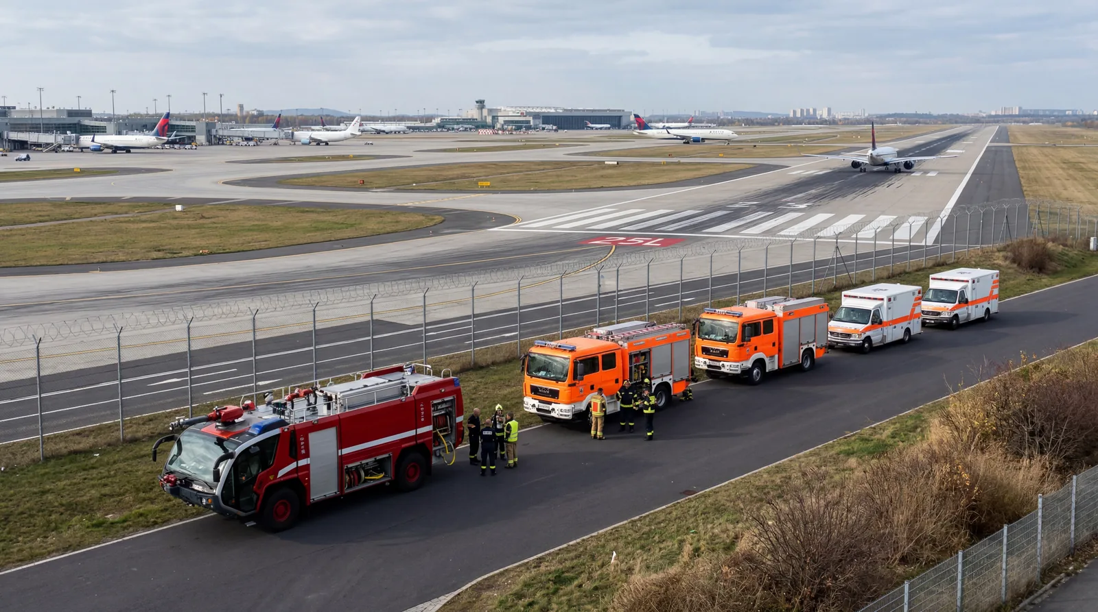 Multiple emergency vehicles with lights off positioned near airport runway perimeter