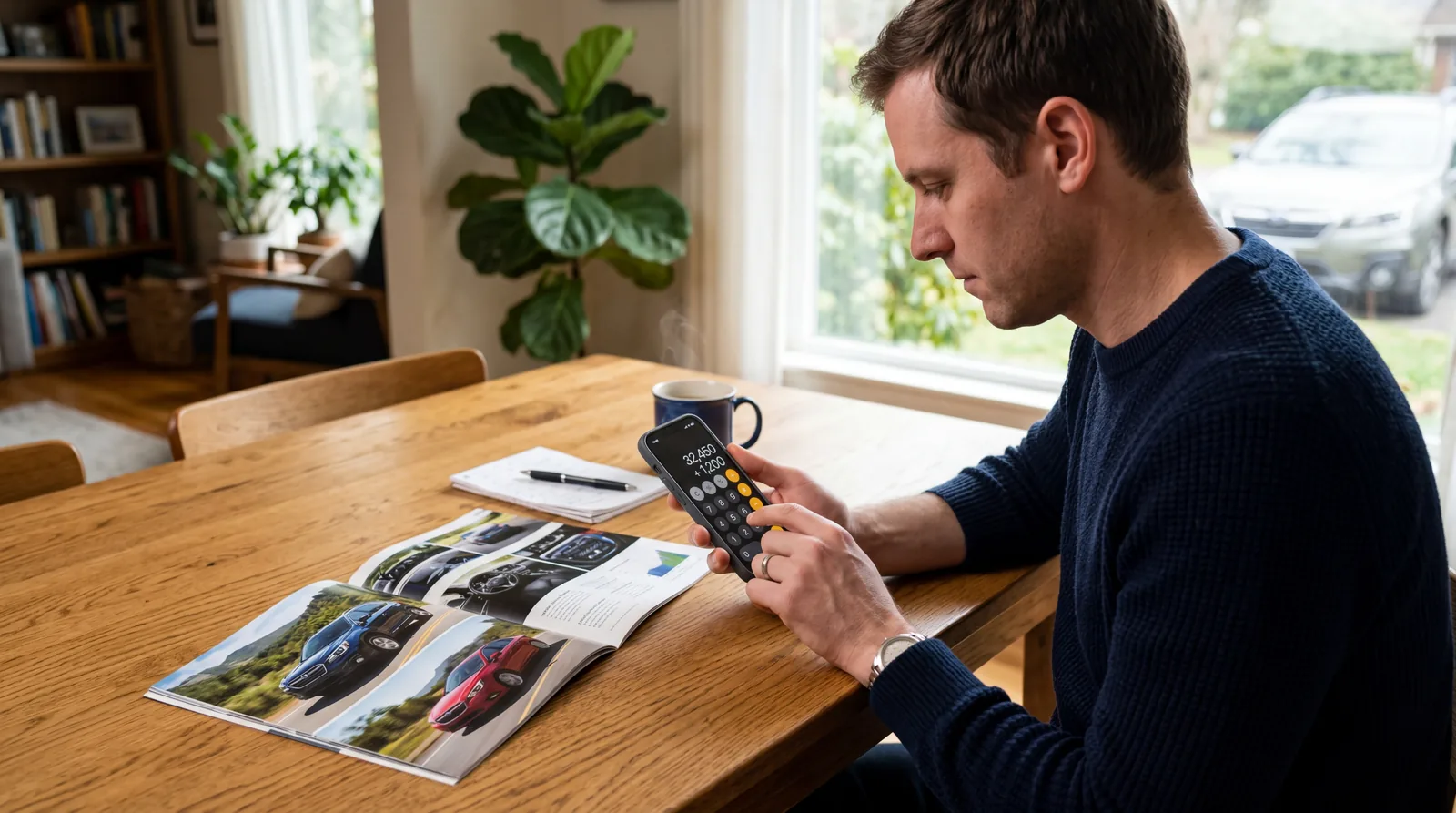 Person calculating numbers on a phone calculator next to a car brochure on a table