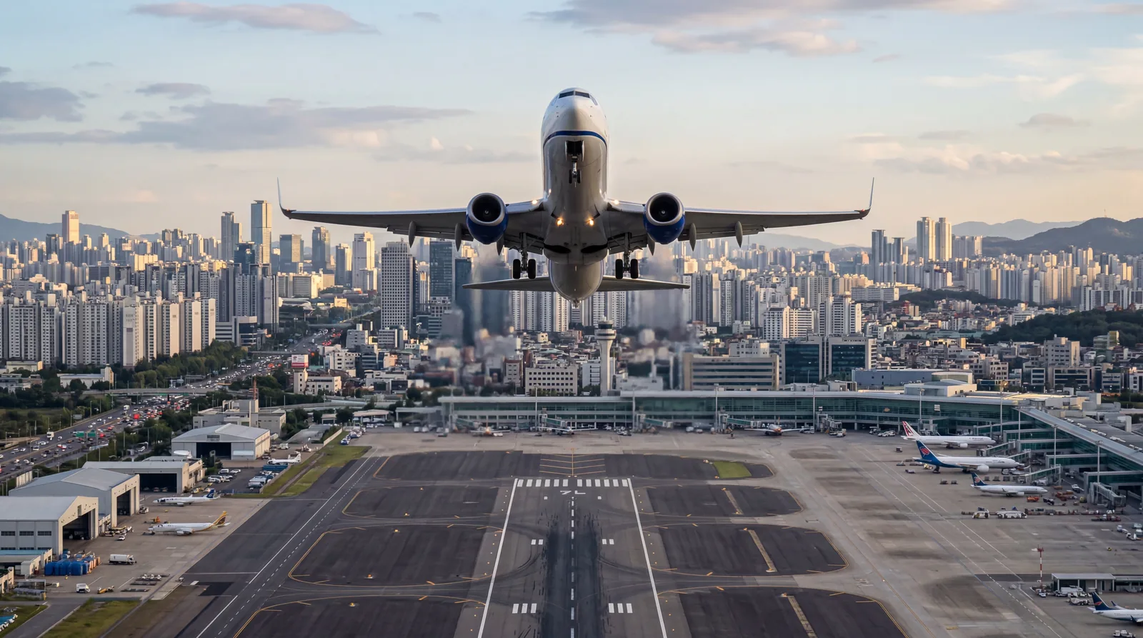 Commercial aircraft pulling up steeply from low altitude above a runway with city visible behind