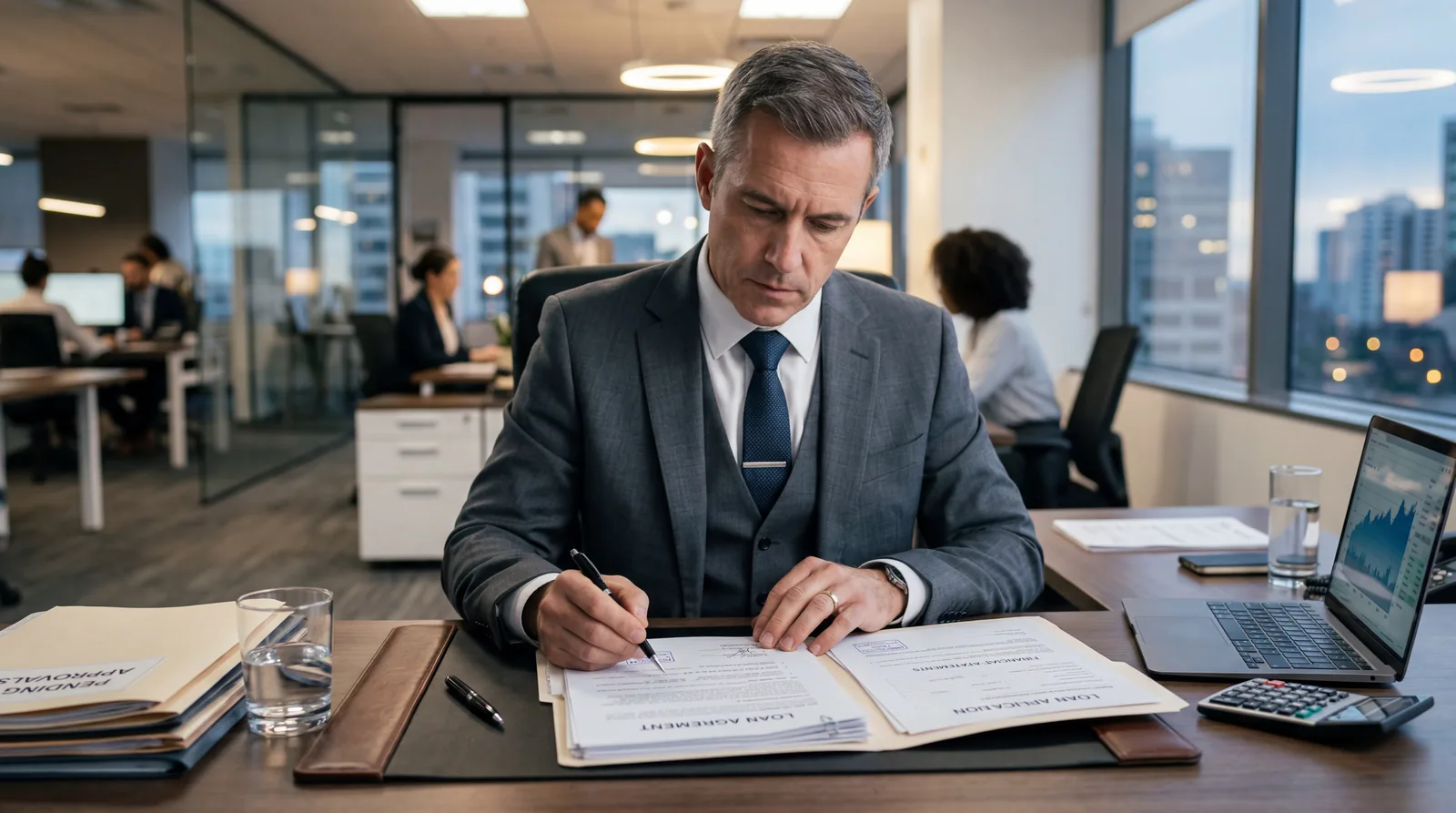 Finance manager in a suit reviewing loan documents at a desk, serious expression