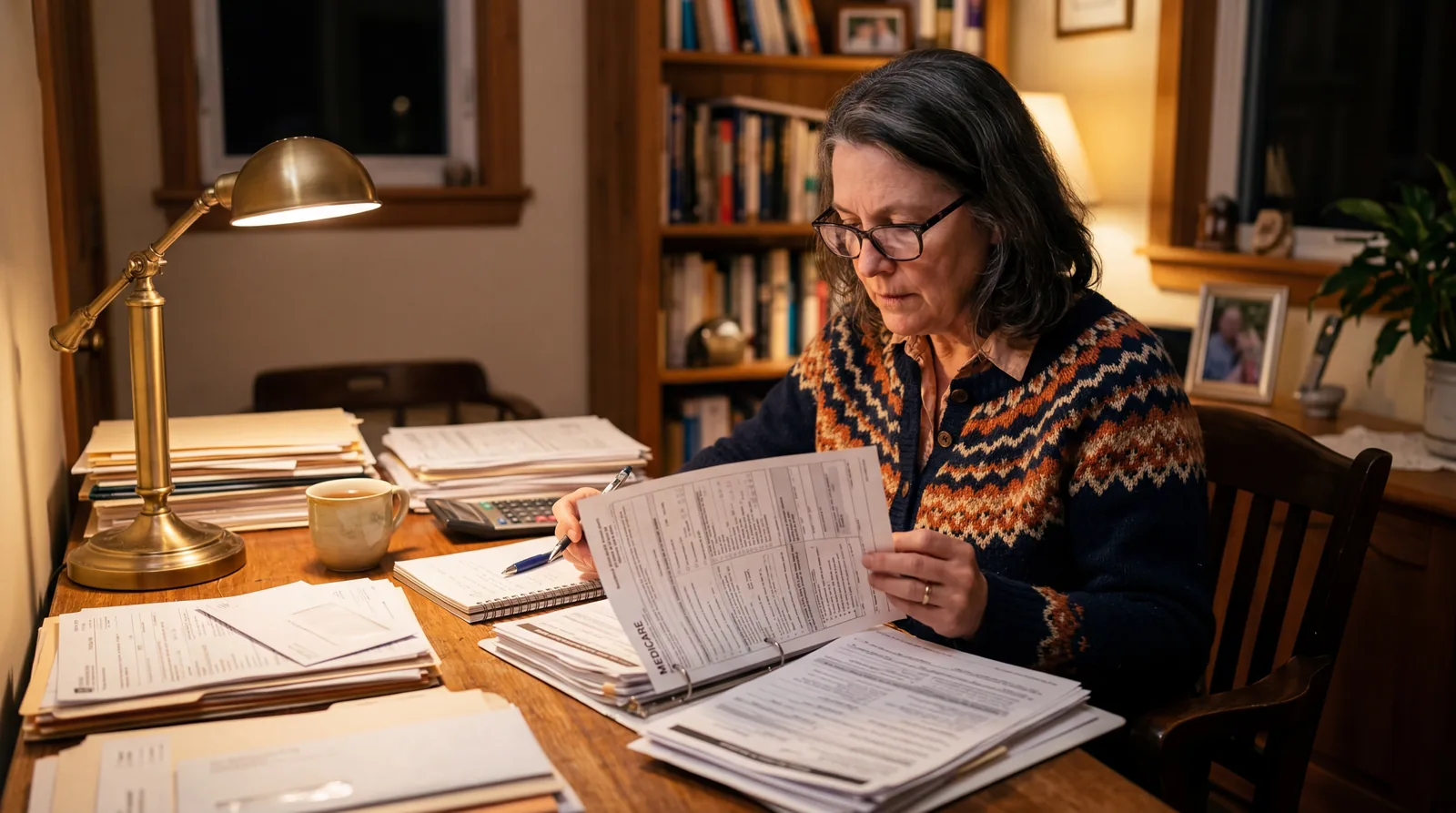 Person at a desk reviewing Medicare paperwork with reading glasses, stacks of documents around them, home office, warm l