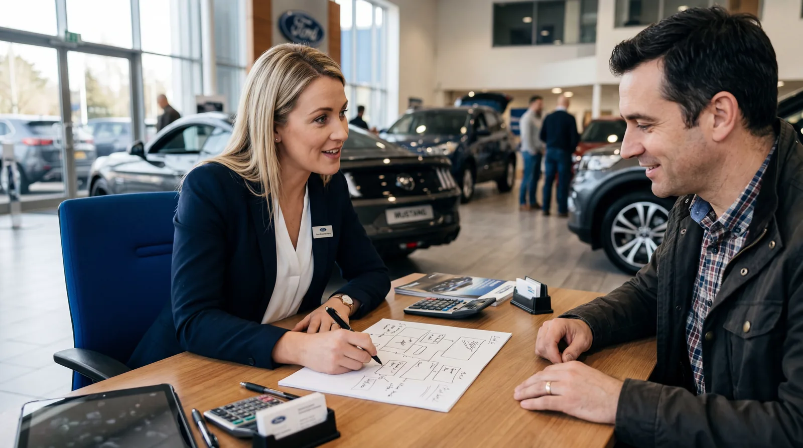 Car salesperson drawing boxes on a piece of paper while talking to a customer at a dealership