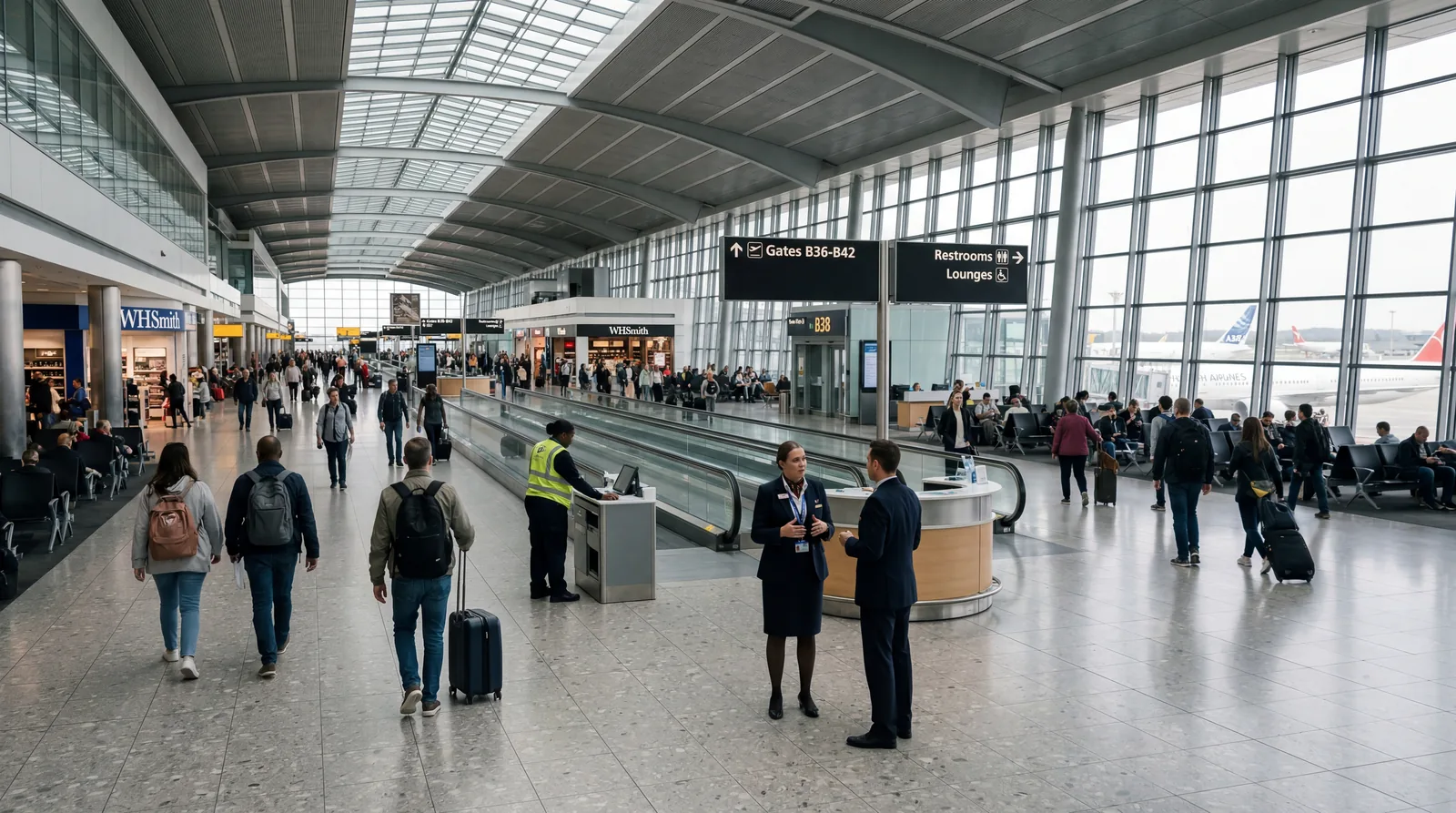 Large airport terminal concourse with staff visible at corridor junctions, calm daytime lighting, passengers unaware