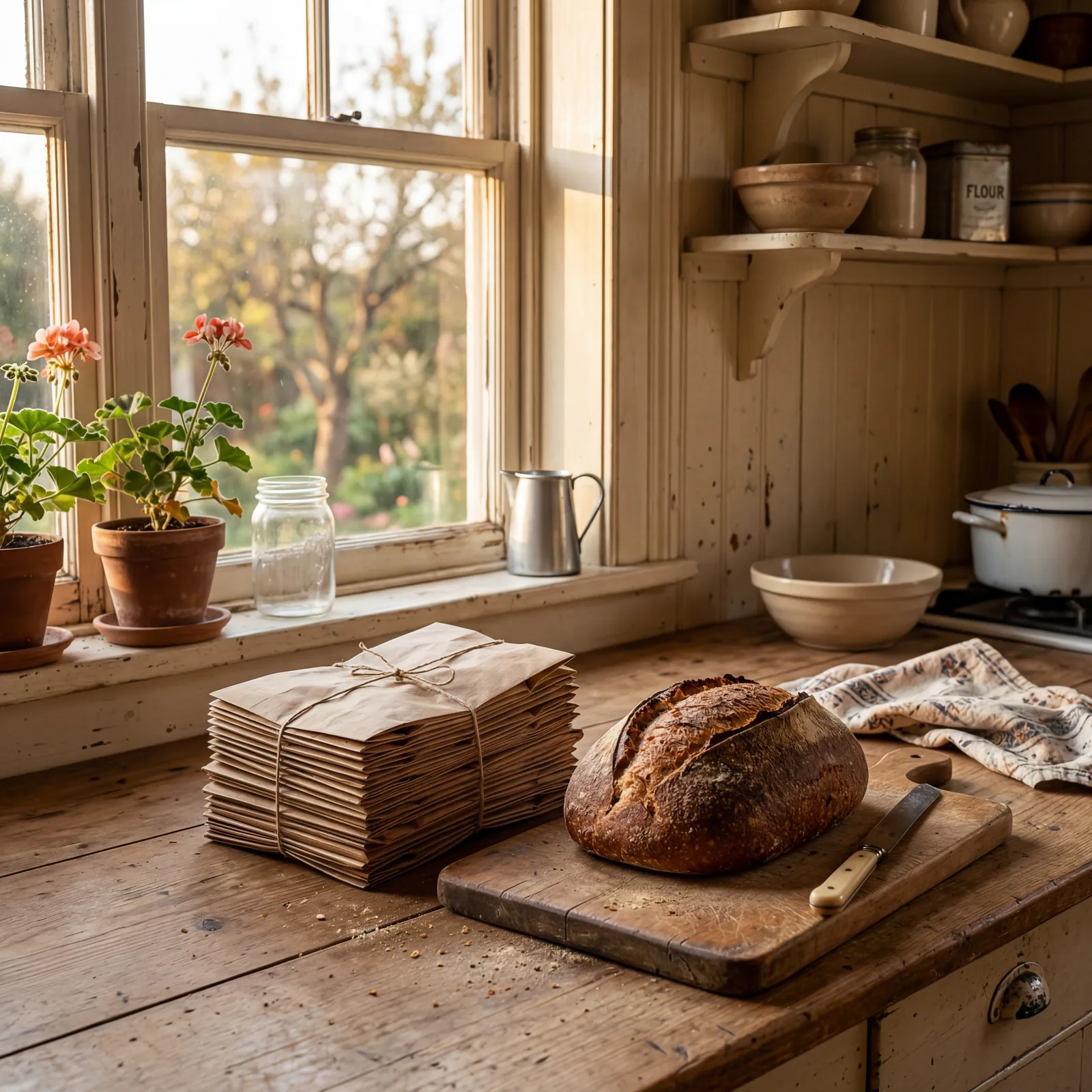 1930s kitchen counter with folded paper bread bags stacked neatly beside a loaf of homemade bread, warm afternoon window