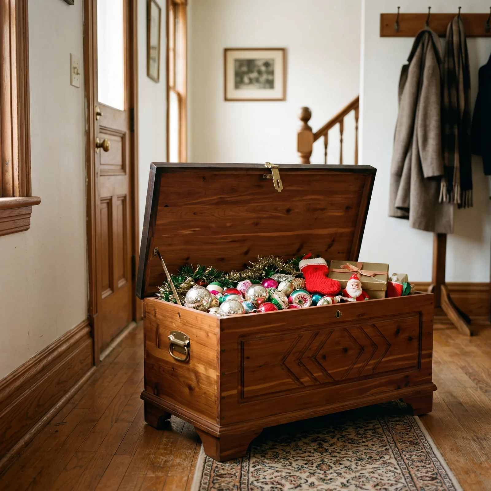 1960s cedar hope chest open in a hallway, vintage Christmas ornaments and garland visible inside, warm late afternoon li
