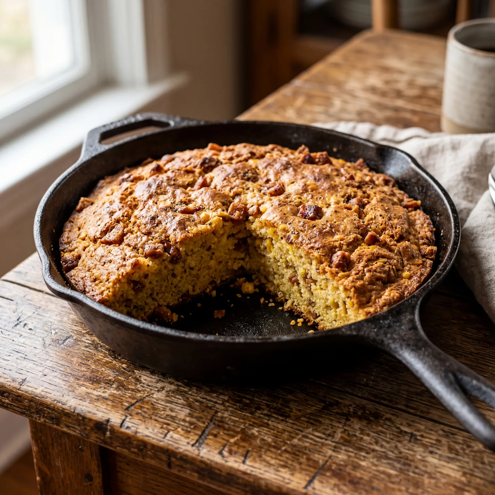 Close-up of a rustic skillet of crackling cornbread on a worn wooden table, golden crust with small crispy pork bits vis