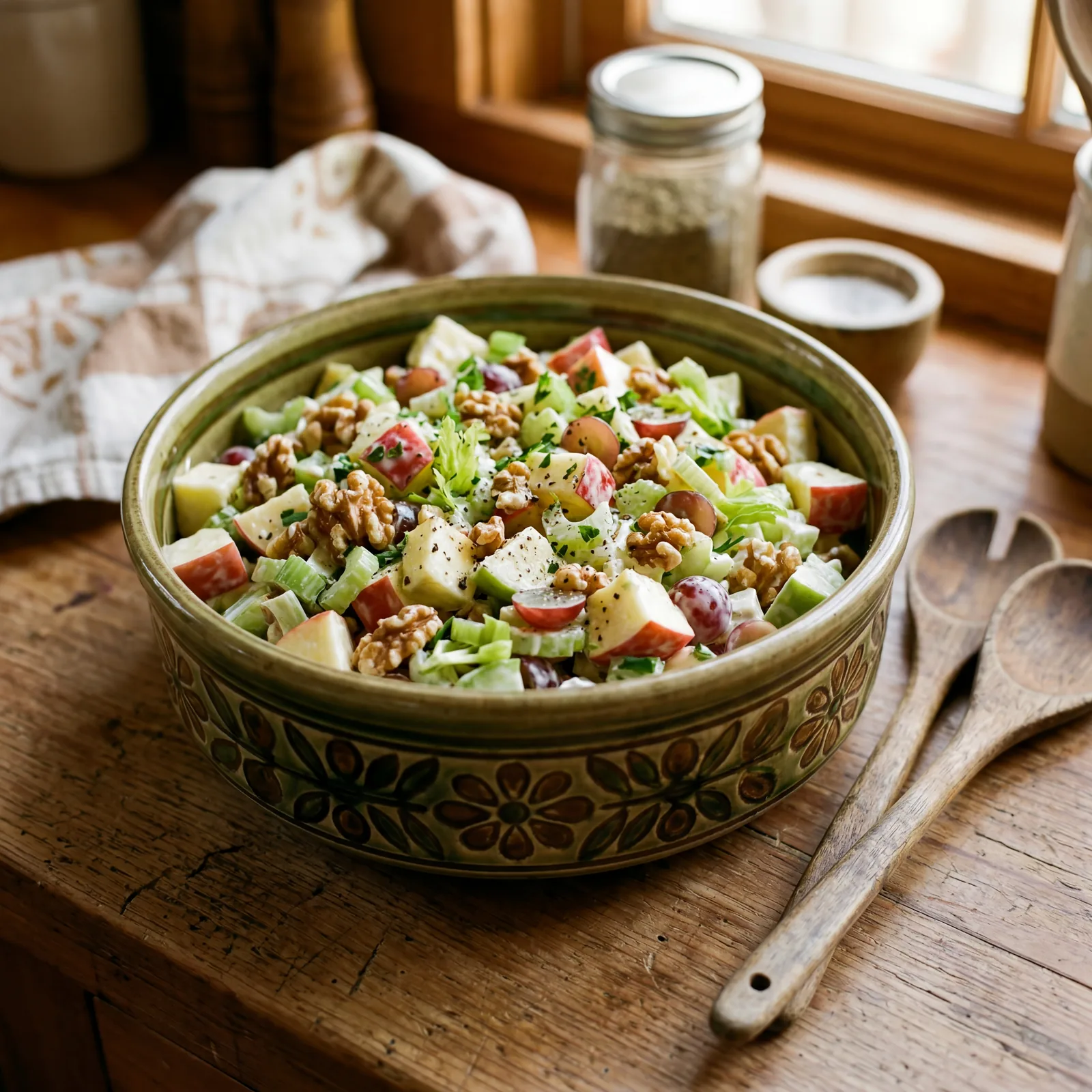 Vintage 1970s serving bowl with Waldorf salad, chunks of apple, celery, walnuts and mayonnaise dressing, wooden salad sp