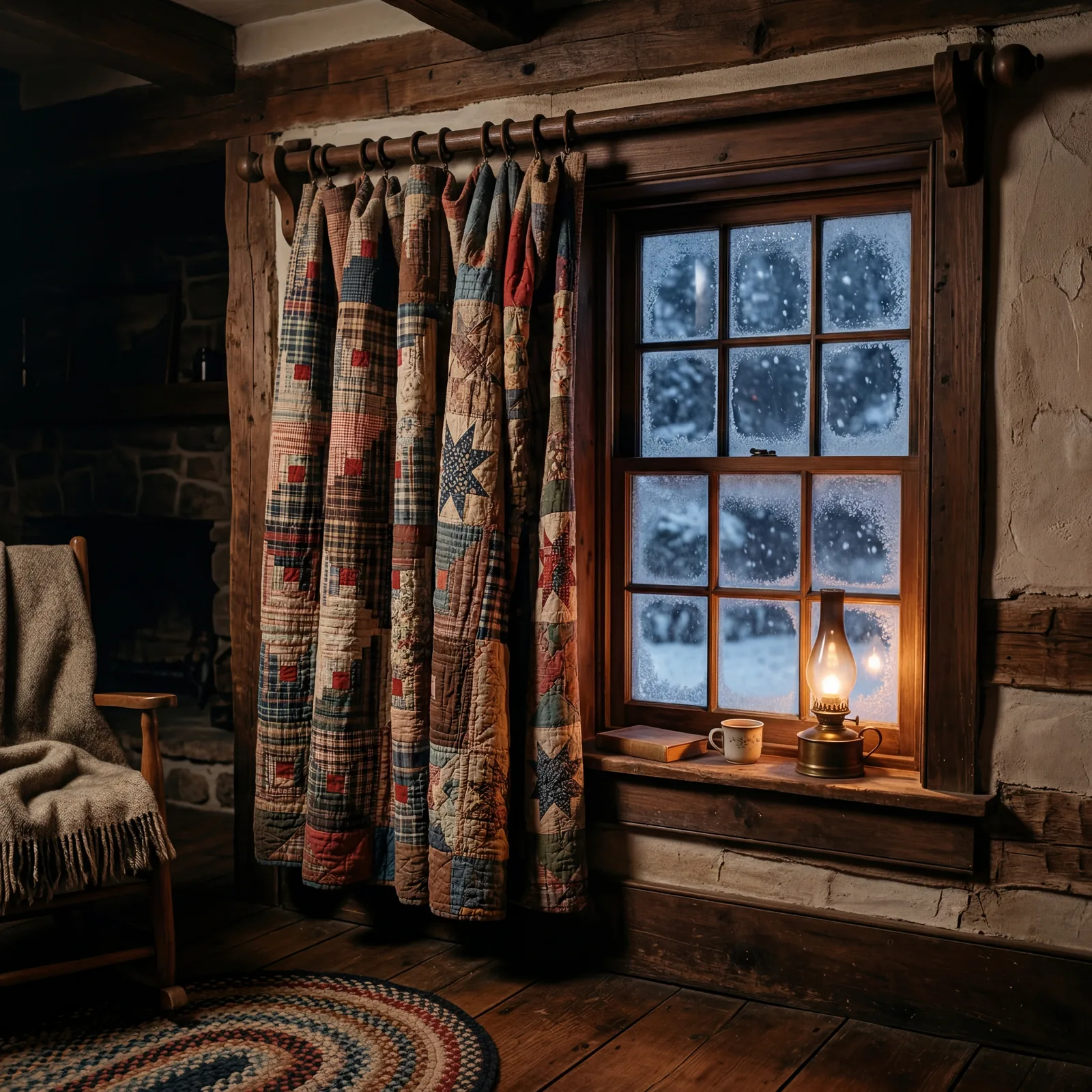 1930s farmhouse interior in winter, a heavy patchwork quilt hung over a frosted window with wooden curtain rod, dim warm