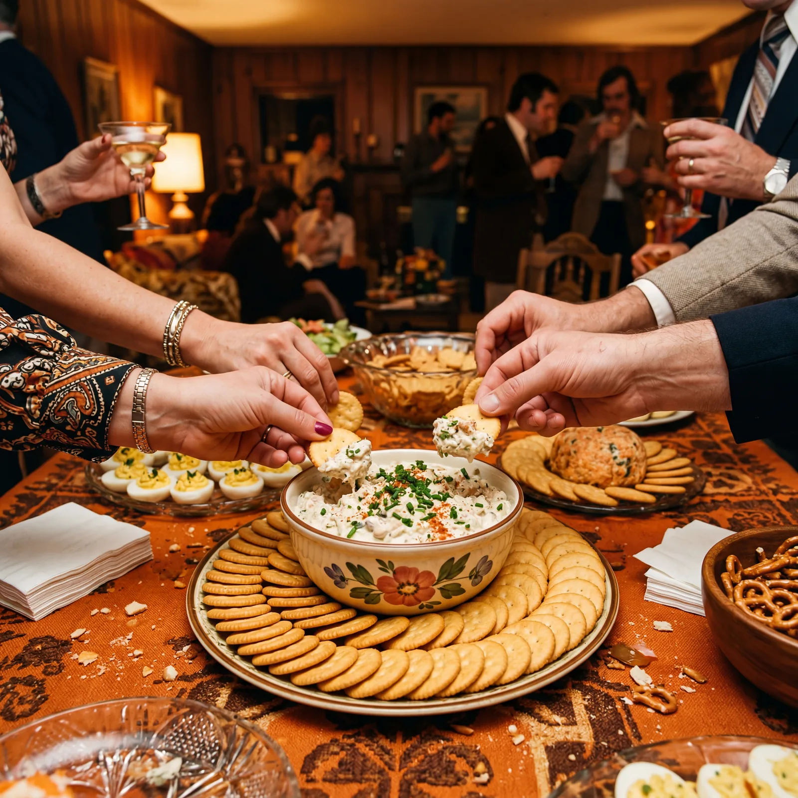 1970s party spread with a bowl of clam dip surrounded by Ritz crackers on an orange tablecloth, guests' hands reaching i