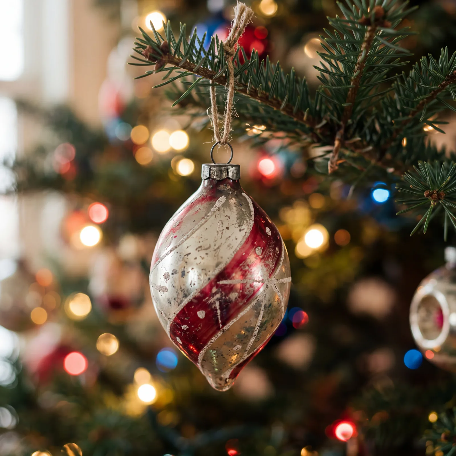 Close-up of a single vintage 1950s glass Christmas ornament, faded silver and red, hanging on a green tree branch, soft 