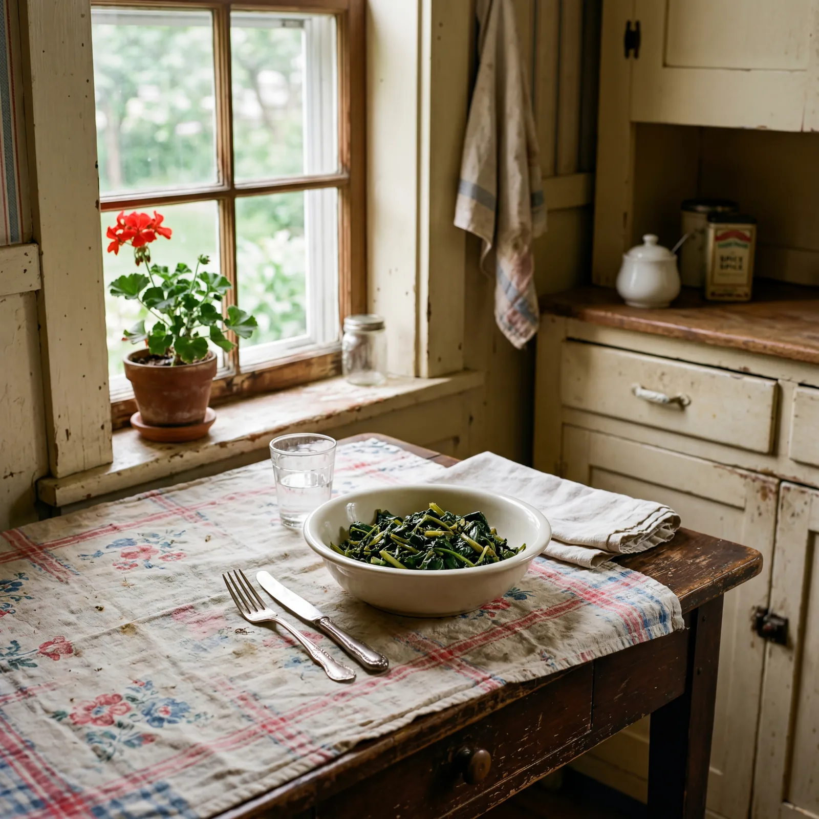 Vintage 1940s American kitchen table with a bowl of cooked dandelion greens, simple white bowl, worn tablecloth, soft na