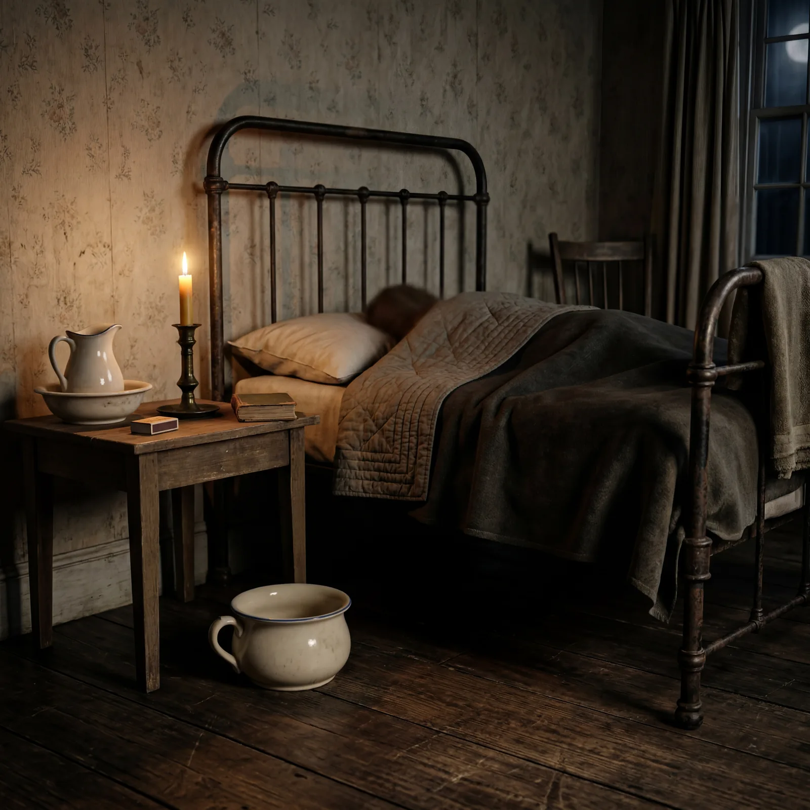 1930s bedroom at night, ceramic chamber pot on bare wooden floor beside an iron bed frame, single candle on a side table
