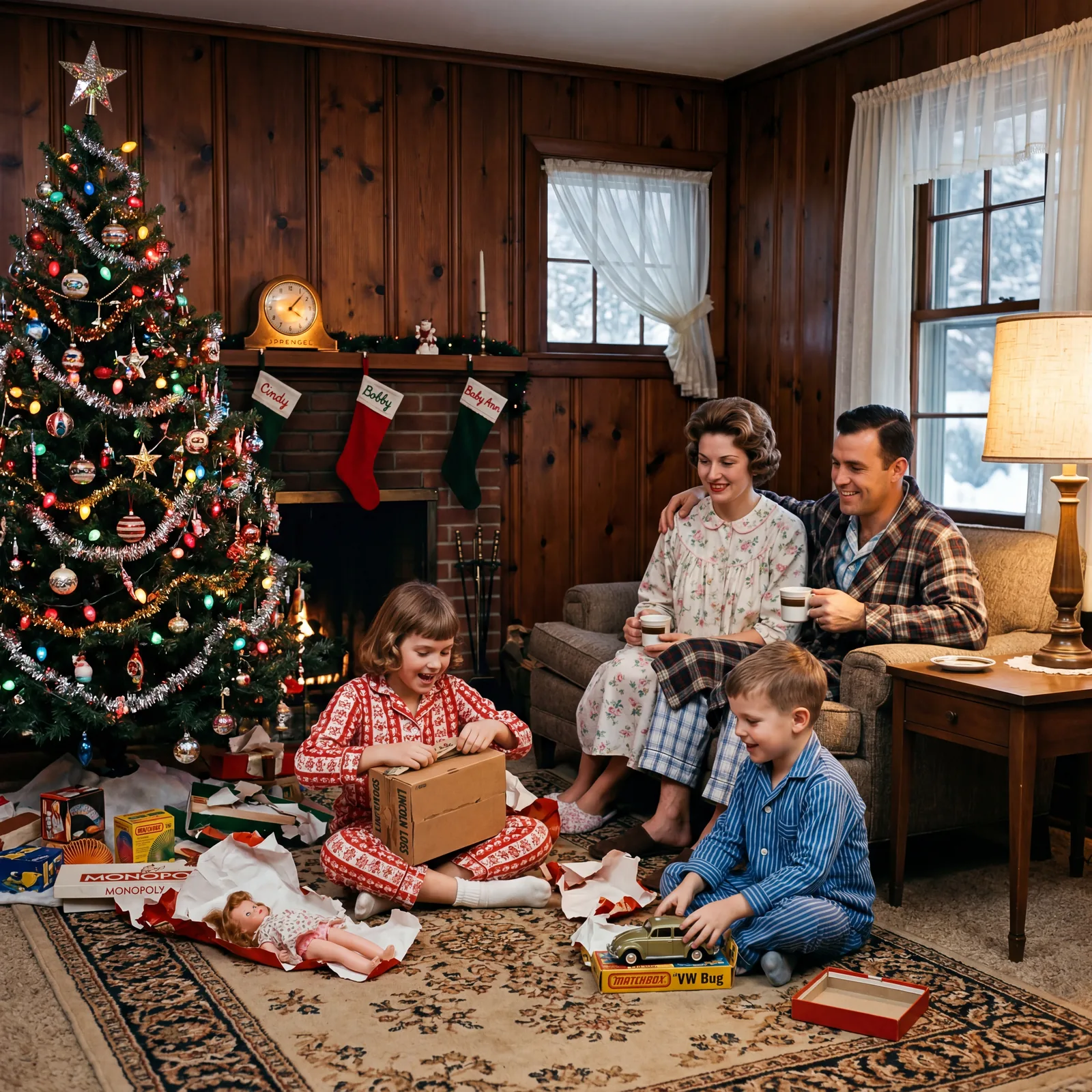 1960s American family on Christmas morning in pajamas, children opening gifts by the tree, warm lamp light, wood-paneled
