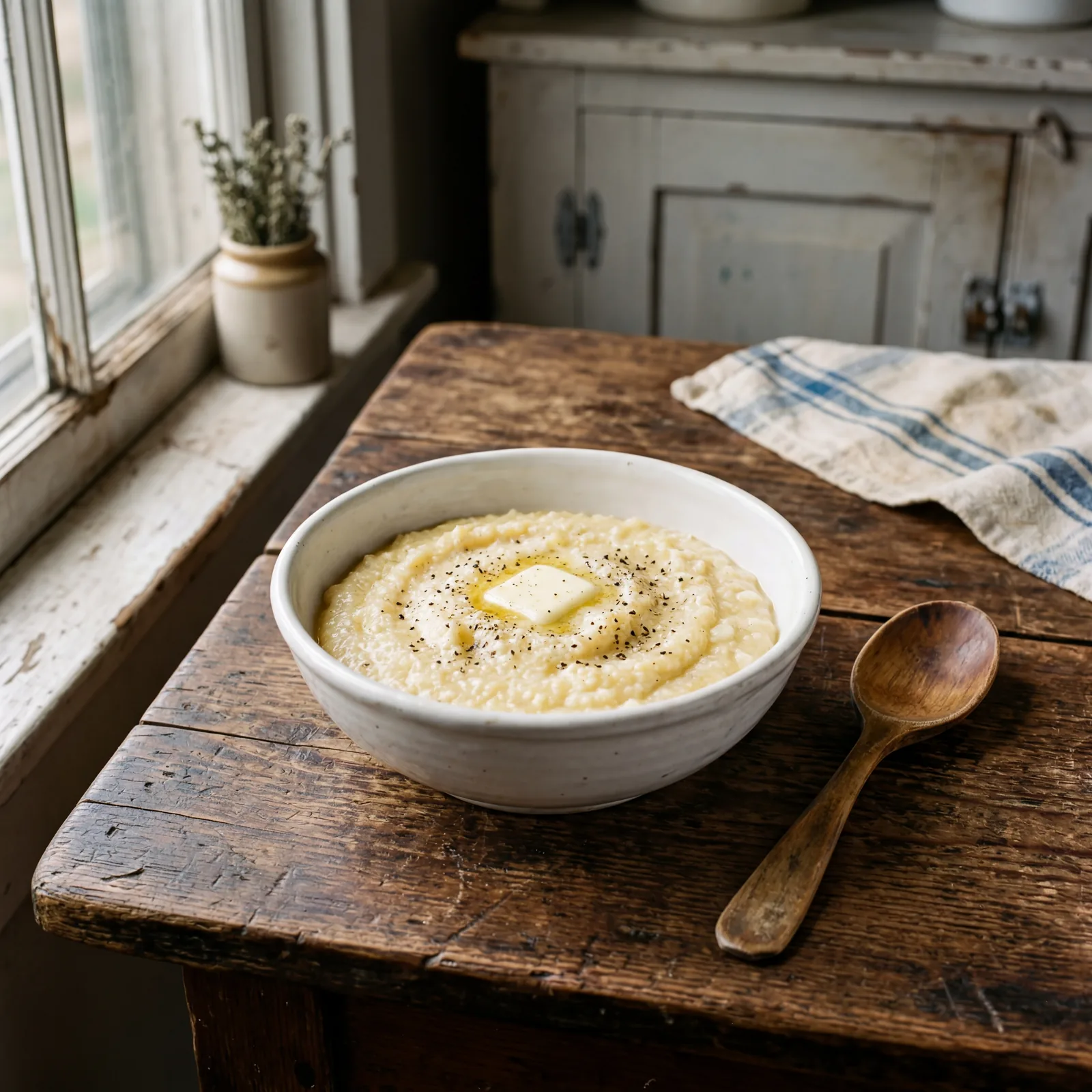 Simple white bowl of creamy hominy grits on a Depression-era kitchen table, morning light, wooden spoon beside it