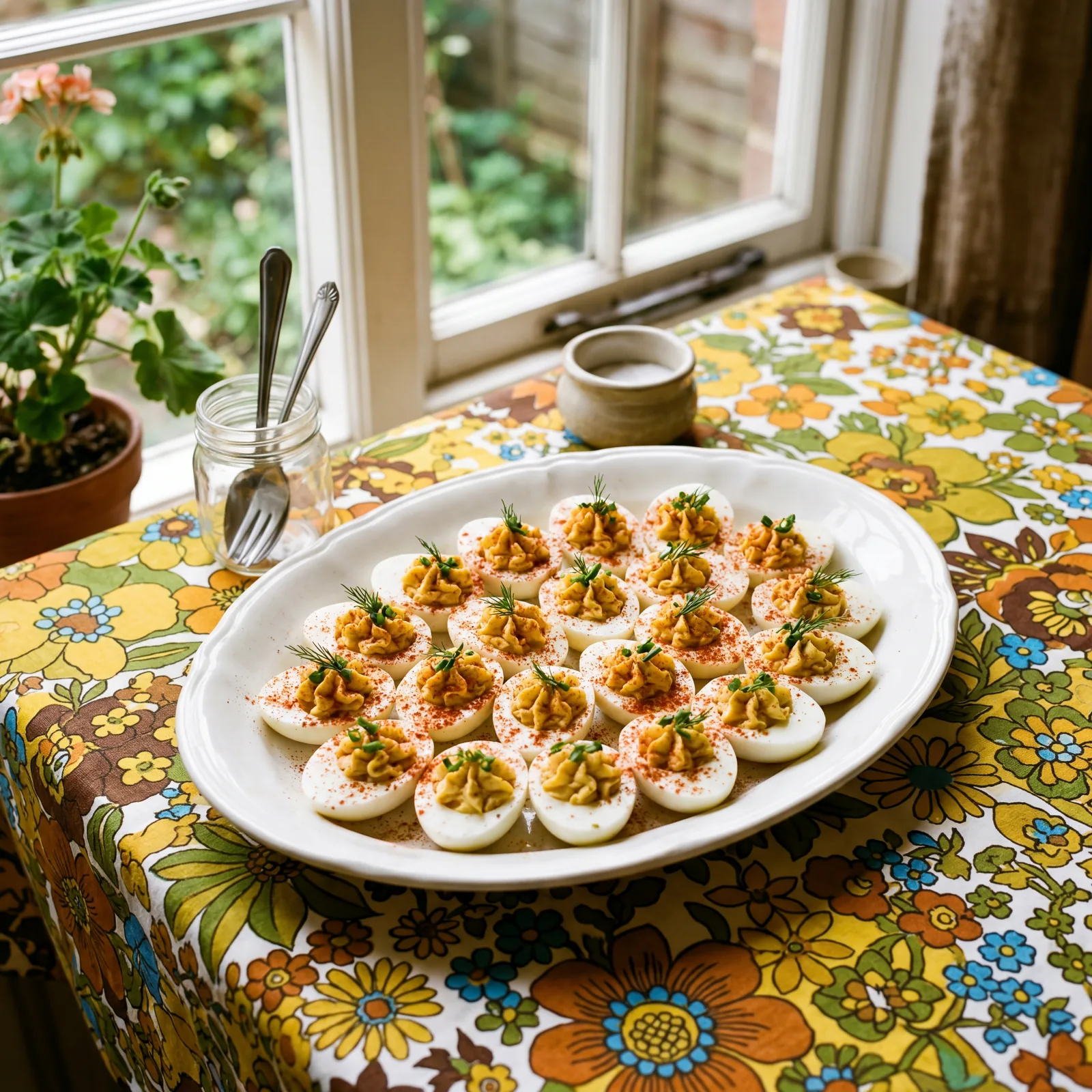 White oval platter of deviled eggs with paprika dusted on top, 1970s floral tablecloth beneath, warm natural light from 