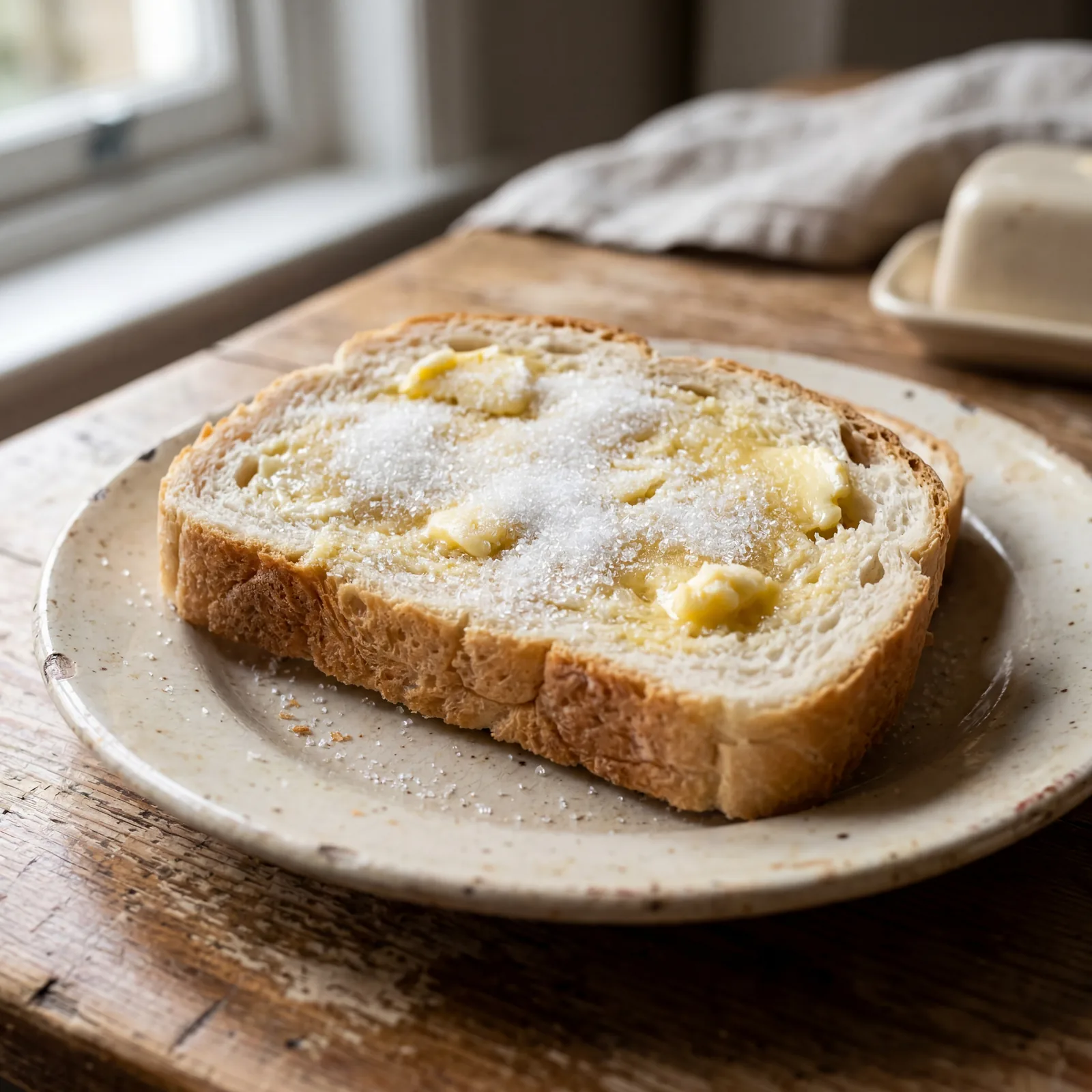 Close-up of a slice of white bread spread with butter and white sugar on a worn kitchen plate, soft natural light