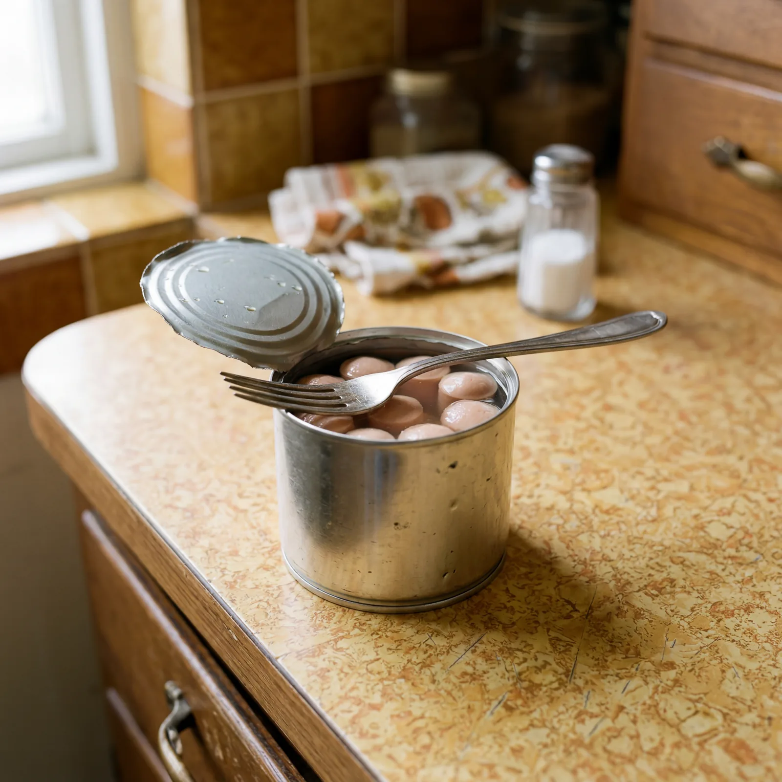 Open can of Vienna sausages on a 1970s kitchen counter, small pale sausages visible inside, a fork resting on the rim