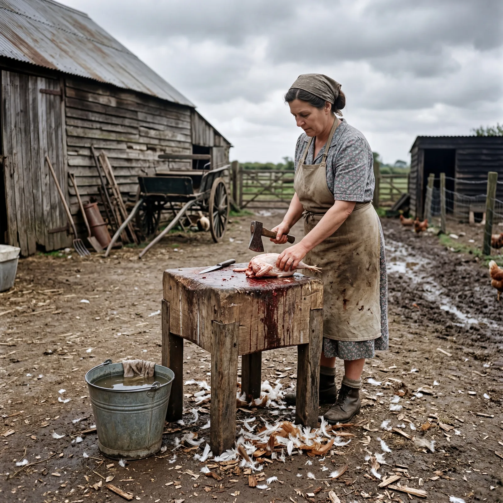 1930s farmyard, a woman in an apron beside a wooden chopping block, feathers on the ground, a bucket of water nearby, ov
